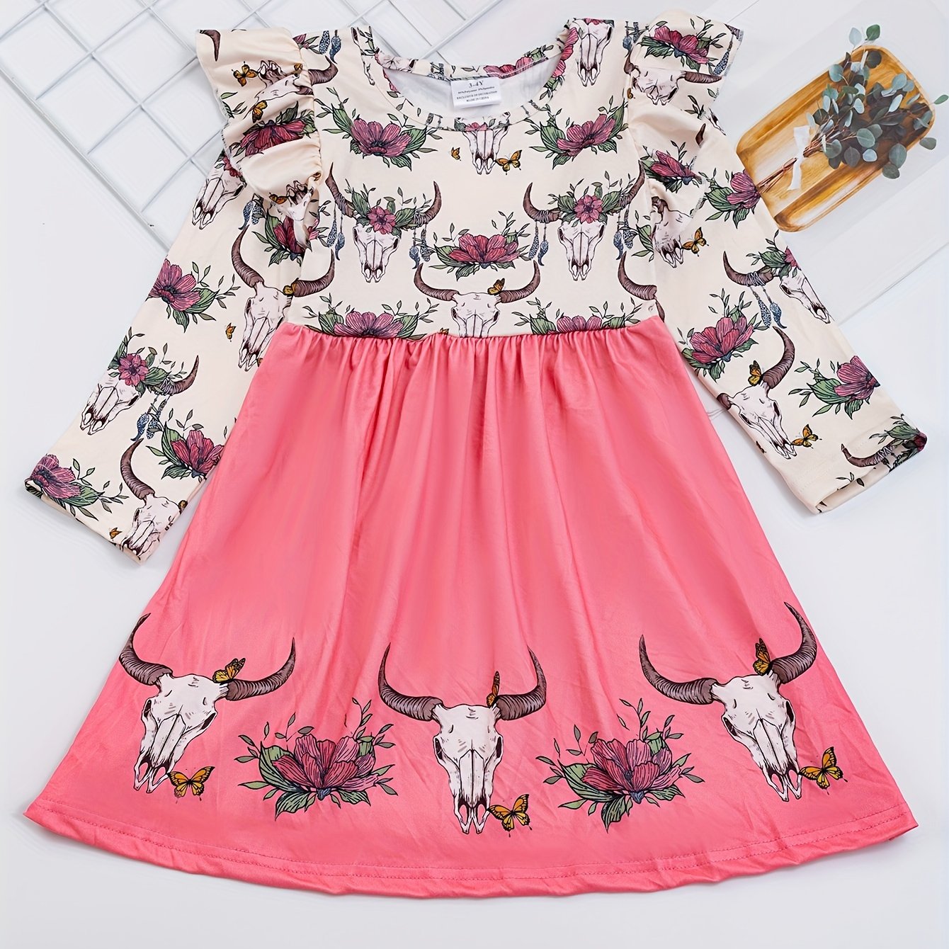 Cute Turkey Print Flutter Trim Dress for Girls, Spring/Fall Party Kids Clothing