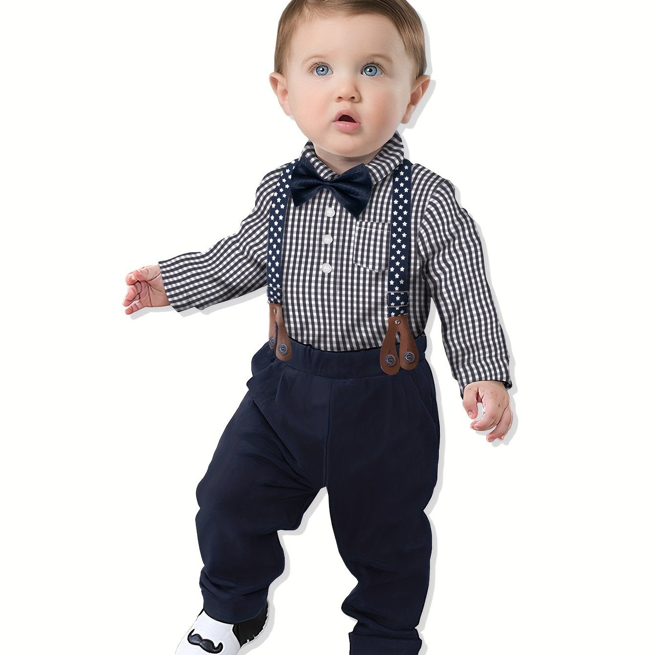 4pcs Boys Formal Gentleman Outfits Long Sleeve Bowtie Shirt&Suspender Pants&Vest, Kids Clothing Set For Competition Performance Wedding Banquet Dress