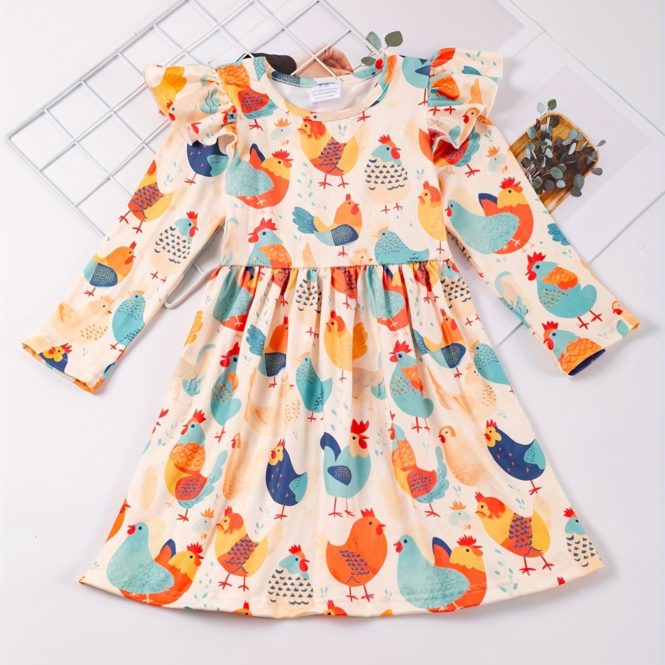 Cute Animal Print Ruffled Sleeve Round Neck Dress for Girls, Summer Kids Clothing