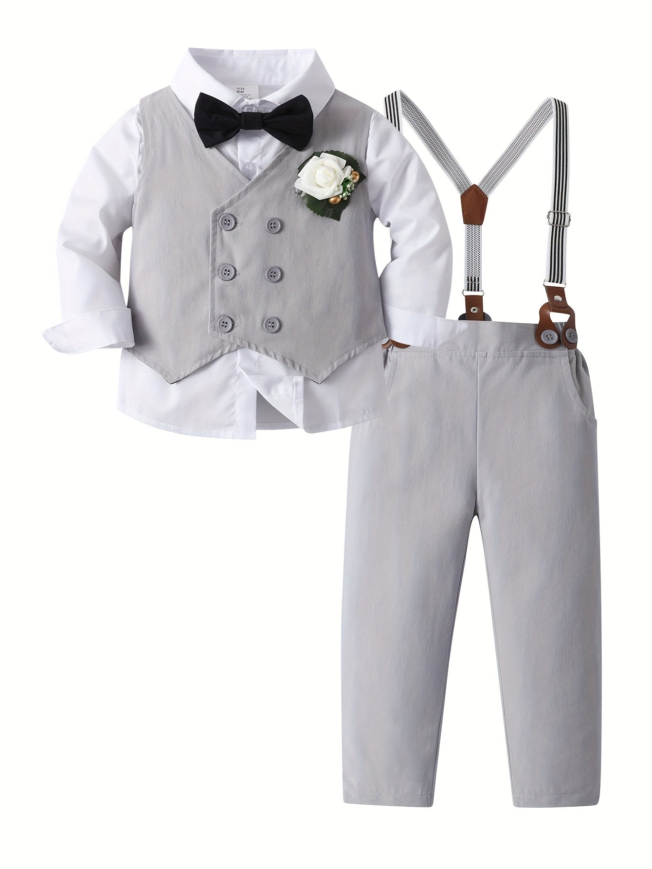 3ocs Boys Formal Gentleman Outfits, Long Sleeve Leaves Print Bowtie Shirt & Suspender Pants & Vest, Kids Clothing Set For Competition Performance Wedding Banquet Dress Outdoor Set