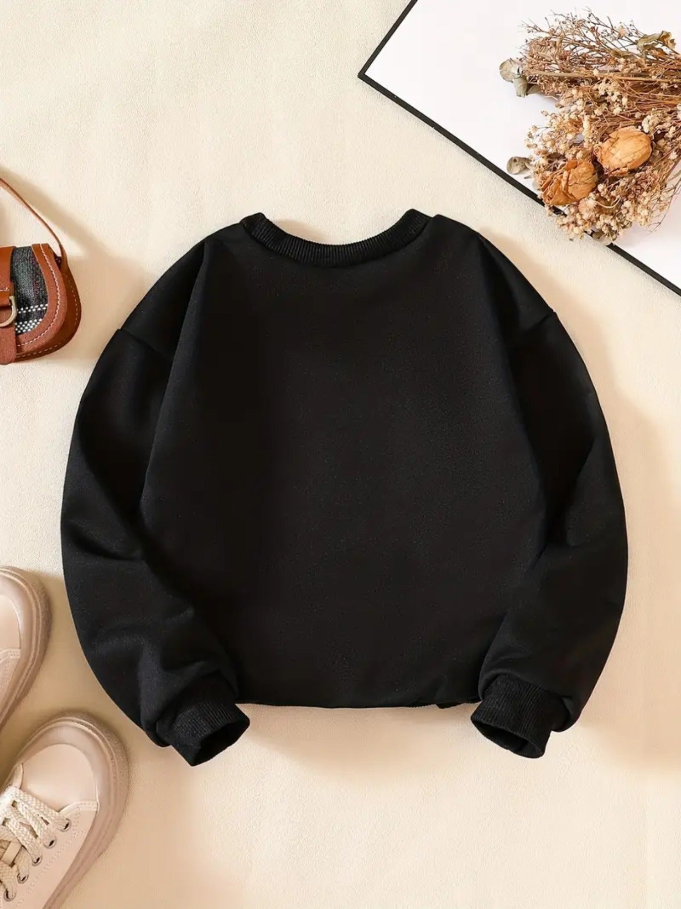''Spooky Vibe'' Print Girls Sweatshirt, Crew Neck Comfy Holiday Halloween Party Casual Tops, Kids Clothing For Fall/ Winter/ Spring