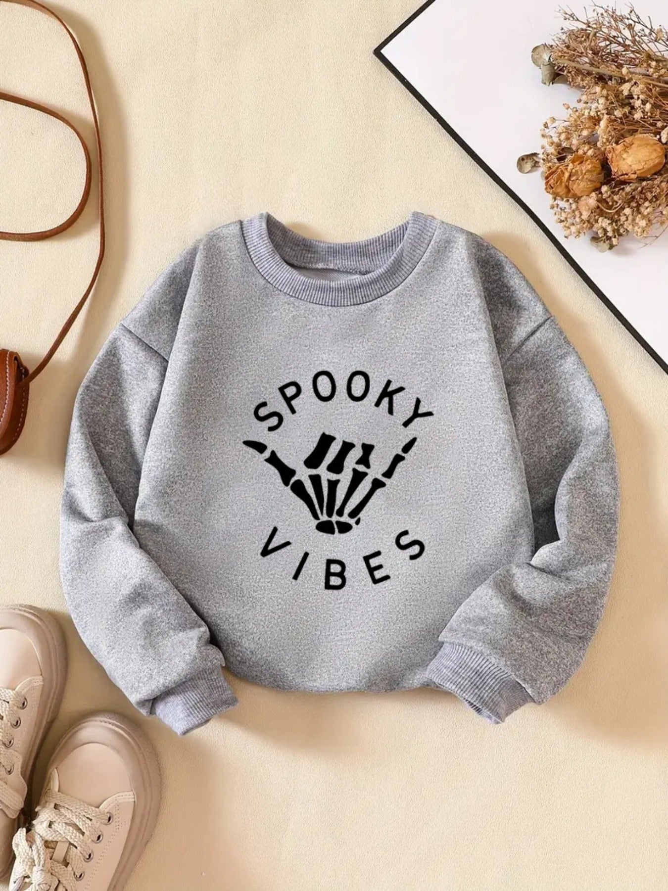 ''Spooky Vibe'' Print Girls Sweatshirt, Crew Neck Comfy Holiday Halloween Party Casual Tops, Kids Clothing For Fall/ Winter/ Spring