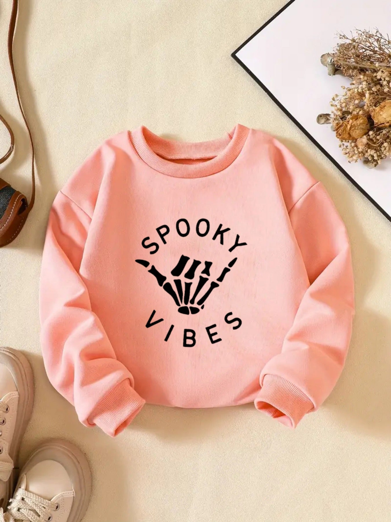''Spooky Vibe'' Print Girls Sweatshirt, Crew Neck Comfy Holiday Halloween Party Casual Tops, Kids Clothing For Fall/ Winter/ Spring