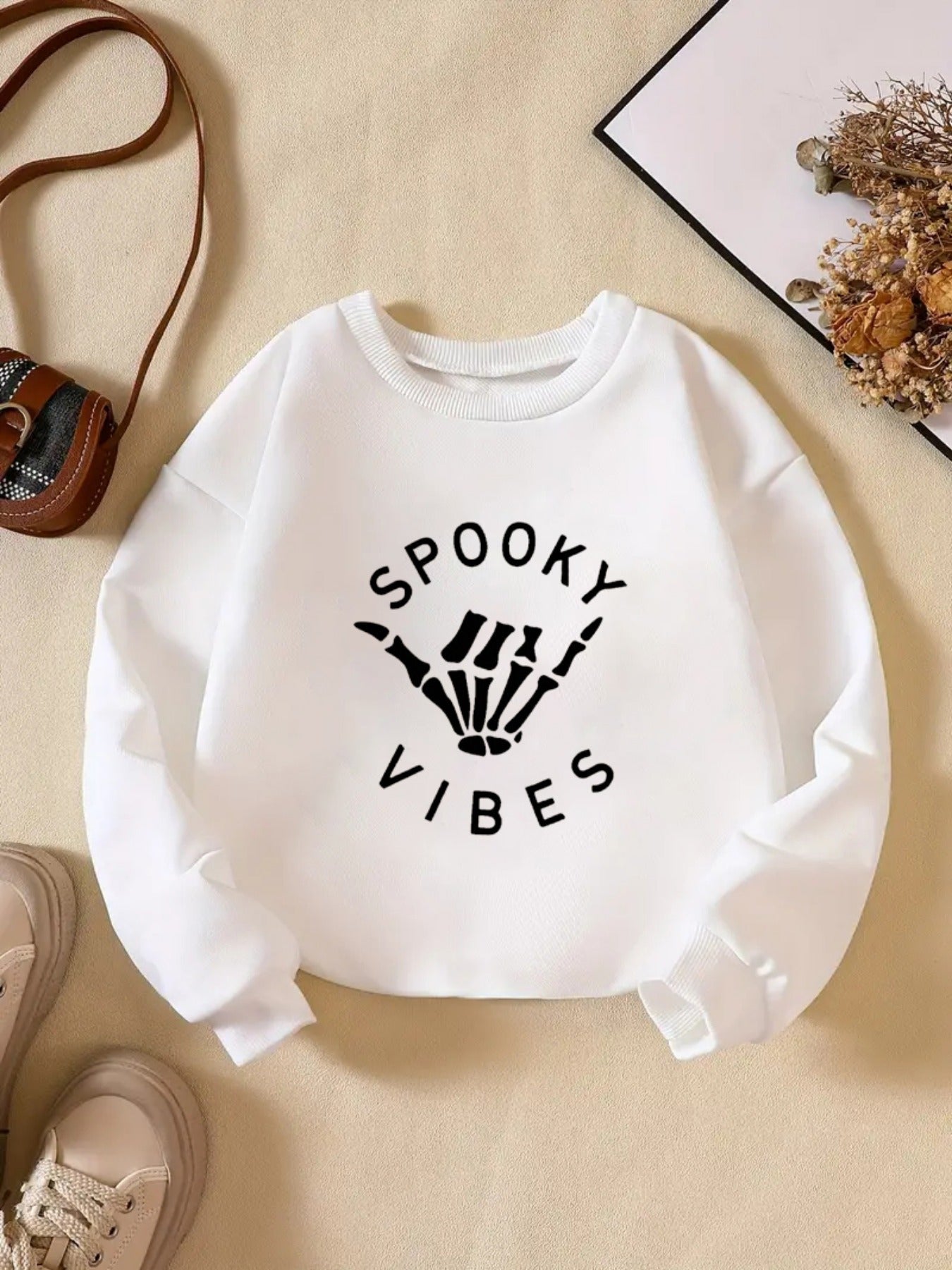 ''Spooky Vibe'' Print Girls Sweatshirt, Crew Neck Comfy Holiday Halloween Party Casual Tops, Kids Clothing For Fall/ Winter/ Spring