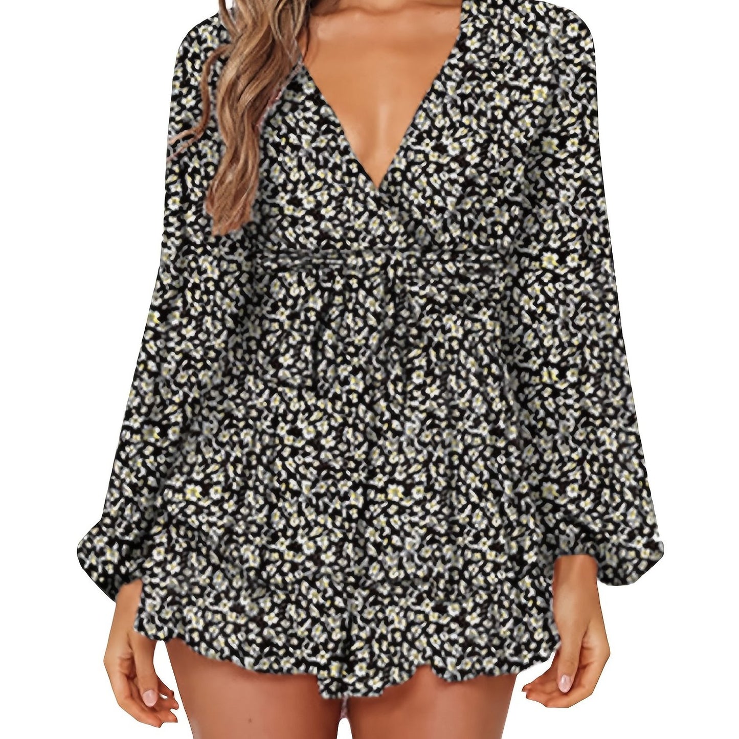 Chic Spring/Fall Polka-dot V-neck Jumpsuit with Ruffle Hem - Durable & Semi-Sheer Everyday Romper for Women