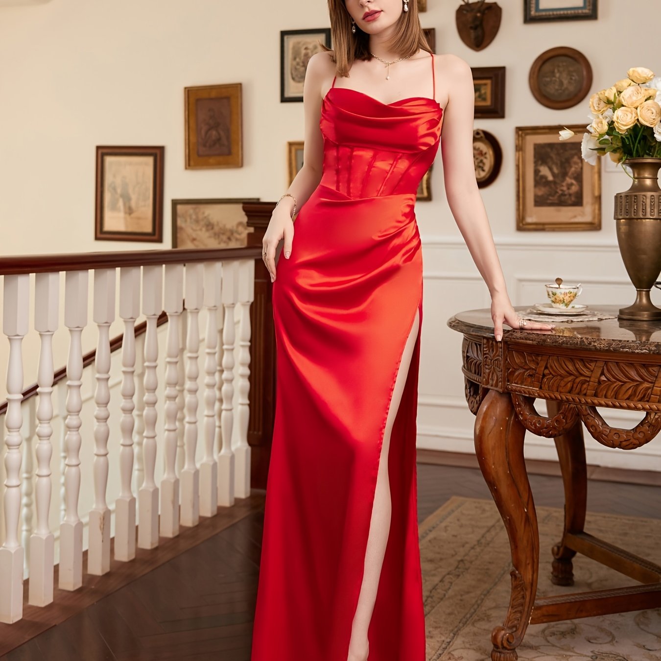 Glamorous Satin Cowl Neck Corset Cami Dress - Figure-Sculpting, Adjustable Straps - Perfect for Cocktail, Prom & Formal Events - Luxurious Evening Wear for Women