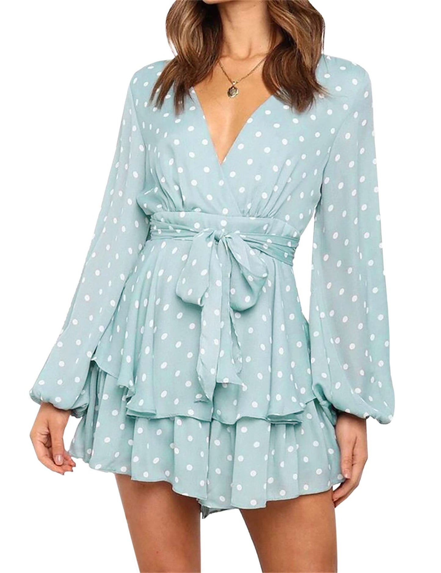Chic Spring/Fall Polka-dot V-neck Jumpsuit with Ruffle Hem - Durable & Semi-Sheer Everyday Romper for Women
