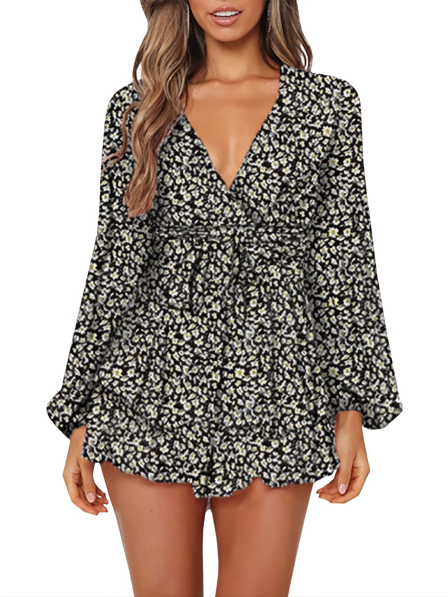 Chic Spring/Fall Polka-dot V-neck Jumpsuit with Ruffle Hem - Durable & Semi-Sheer Everyday Romper for Women