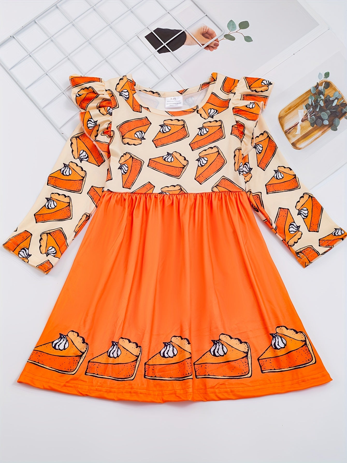 Cute Turkey Print Flutter Trim Dress for Girls, Spring/Fall Party Kids Clothing