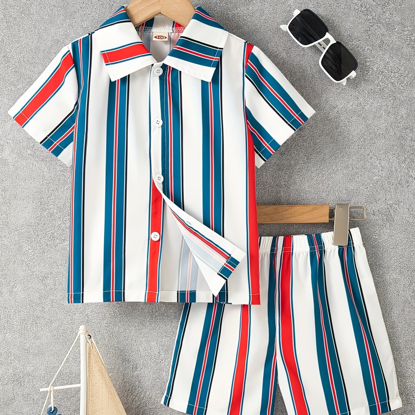 2pcs Boys Casual Stylish Striped Short Sleeve Lapel Shirt & Shorts Set, Comfy Summer Kids Clothing