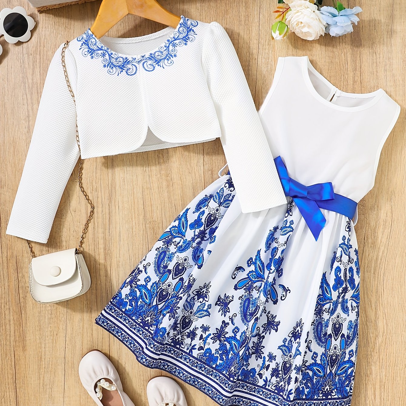 2pcs Little Girl Butterfly Dresses Outfit: Floral Tank Dress And Graphic Cardigan Top Set, For Cute And Casual Look, Kids Clothing Gift