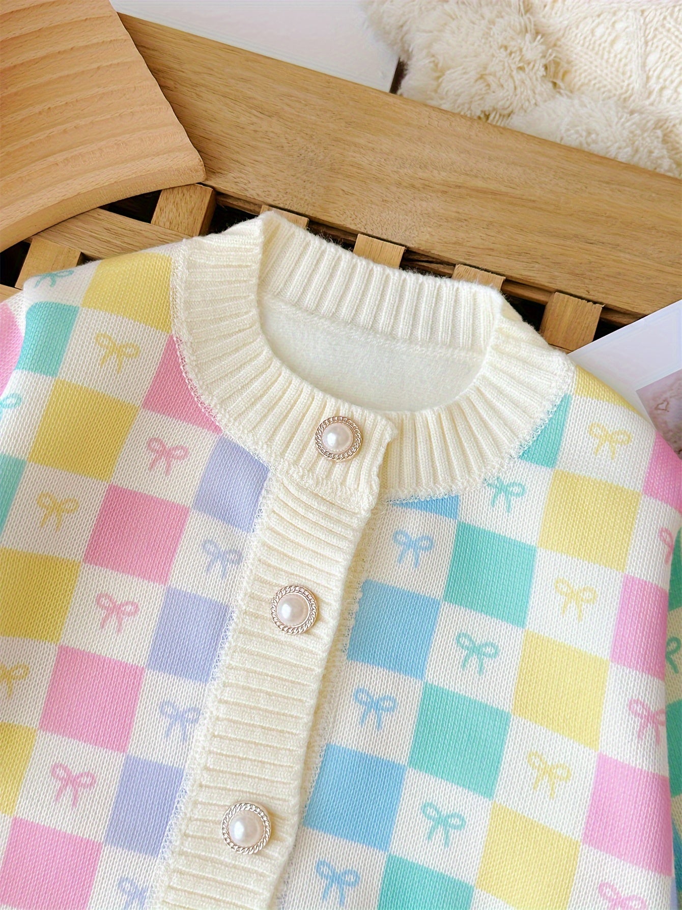 Cozy Girls' Knit Sweater Coat - Vibrant Colorful Plaid, Elegant Pearl Buttons, Warm, Soft, and Comfortable - Perfect for Fall and Winter, Kids Clothing