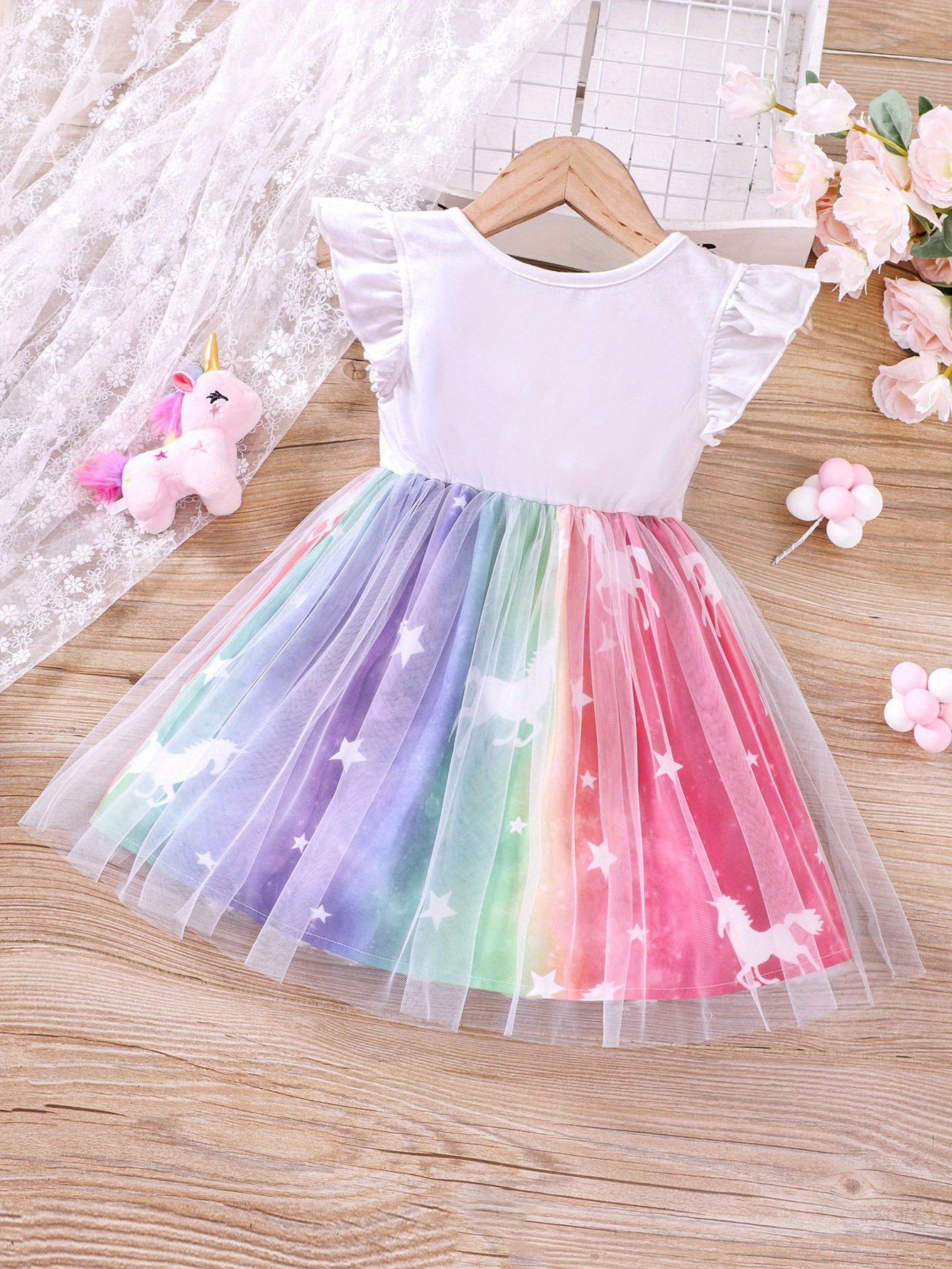 Unicorn Ruffled Sleeveless Dress for Girls, Summer Kids Clothing with Mesh Detail