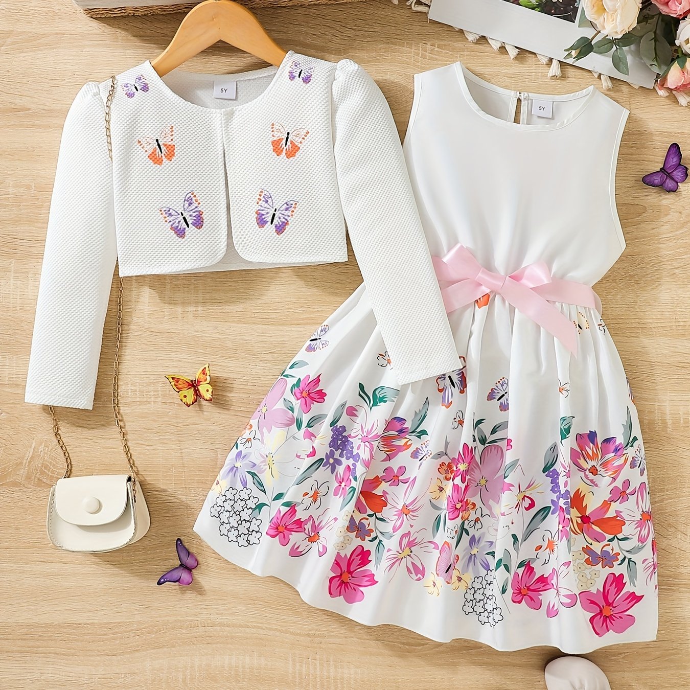 2pcs Little Girl Butterfly Dresses Outfit: Floral Tank Dress And Graphic Cardigan Top Set, For Cute And Casual Look, Kids Clothing Gift
