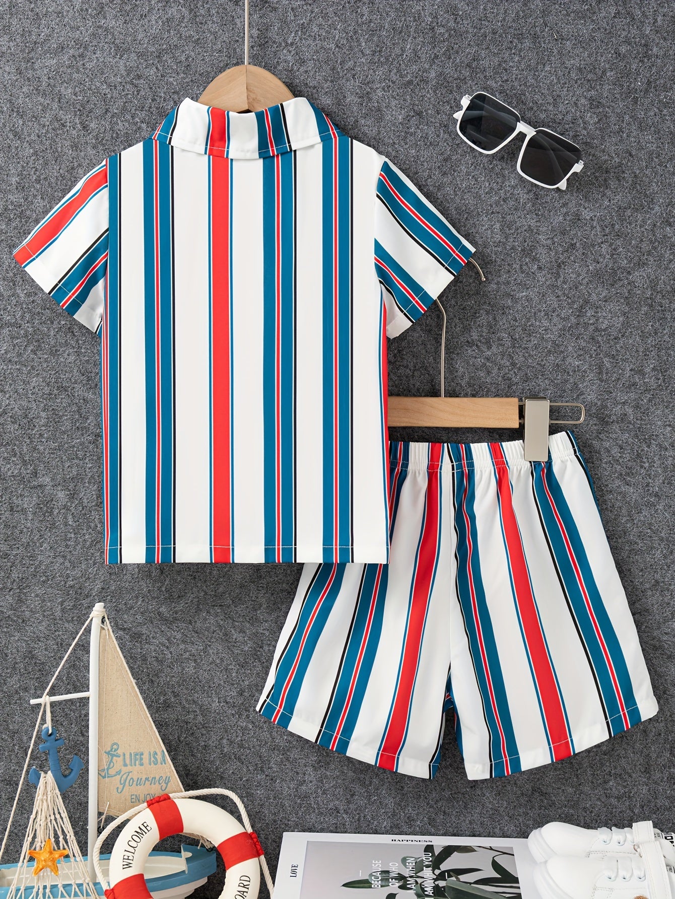 2pcs Boys Casual Stylish Striped Short Sleeve Lapel Shirt & Shorts Set, Comfy Summer Kids Clothing