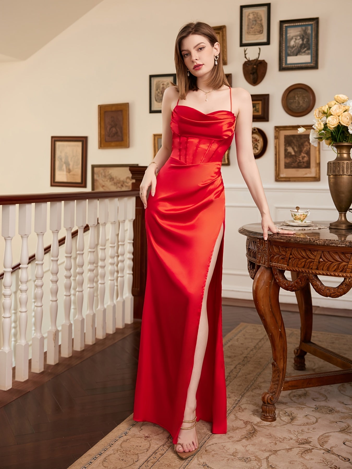 Glamorous Satin Cowl Neck Corset Cami Dress - Figure-Sculpting, Adjustable Straps - Perfect for Cocktail, Prom & Formal Events - Luxurious Evening Wear for Women