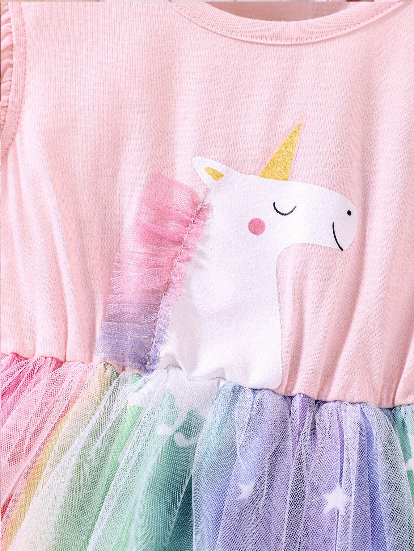 Unicorn Ruffled Sleeveless Dress for Girls, Summer Kids Clothing with Mesh Detail