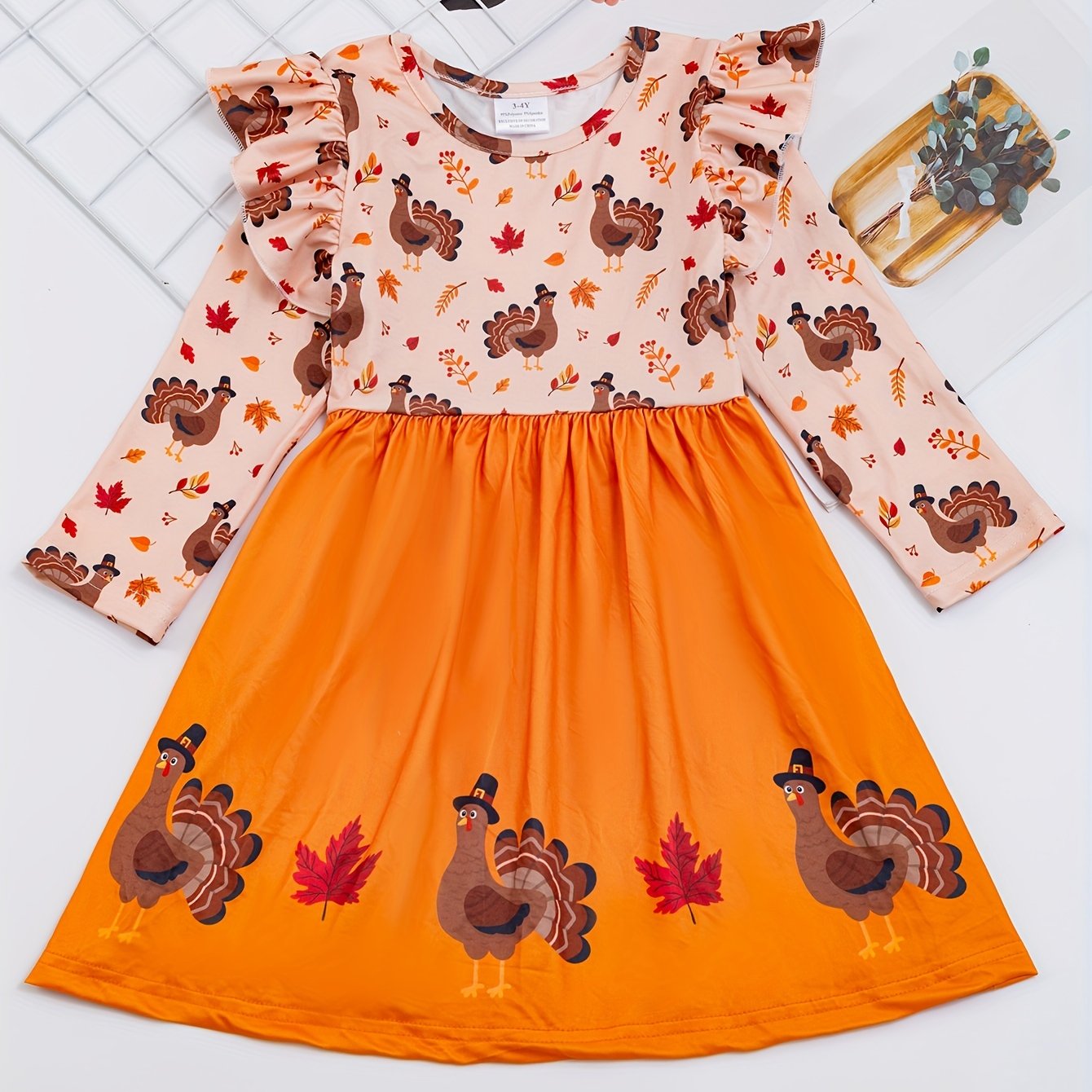 Cute Turkey Print Flutter Trim Dress for Girls, Spring/Fall Party Kids Clothing