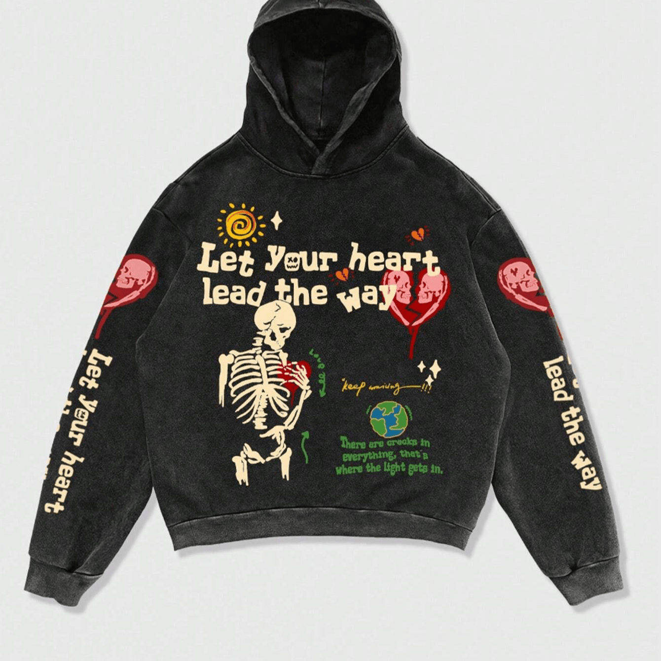 Let your heart lead the way Retro Y2K Hoodie Gothic Casual Alphabet Blast Print Pattern Skull Fashion Hoodie Men Harajuku Men Clothing