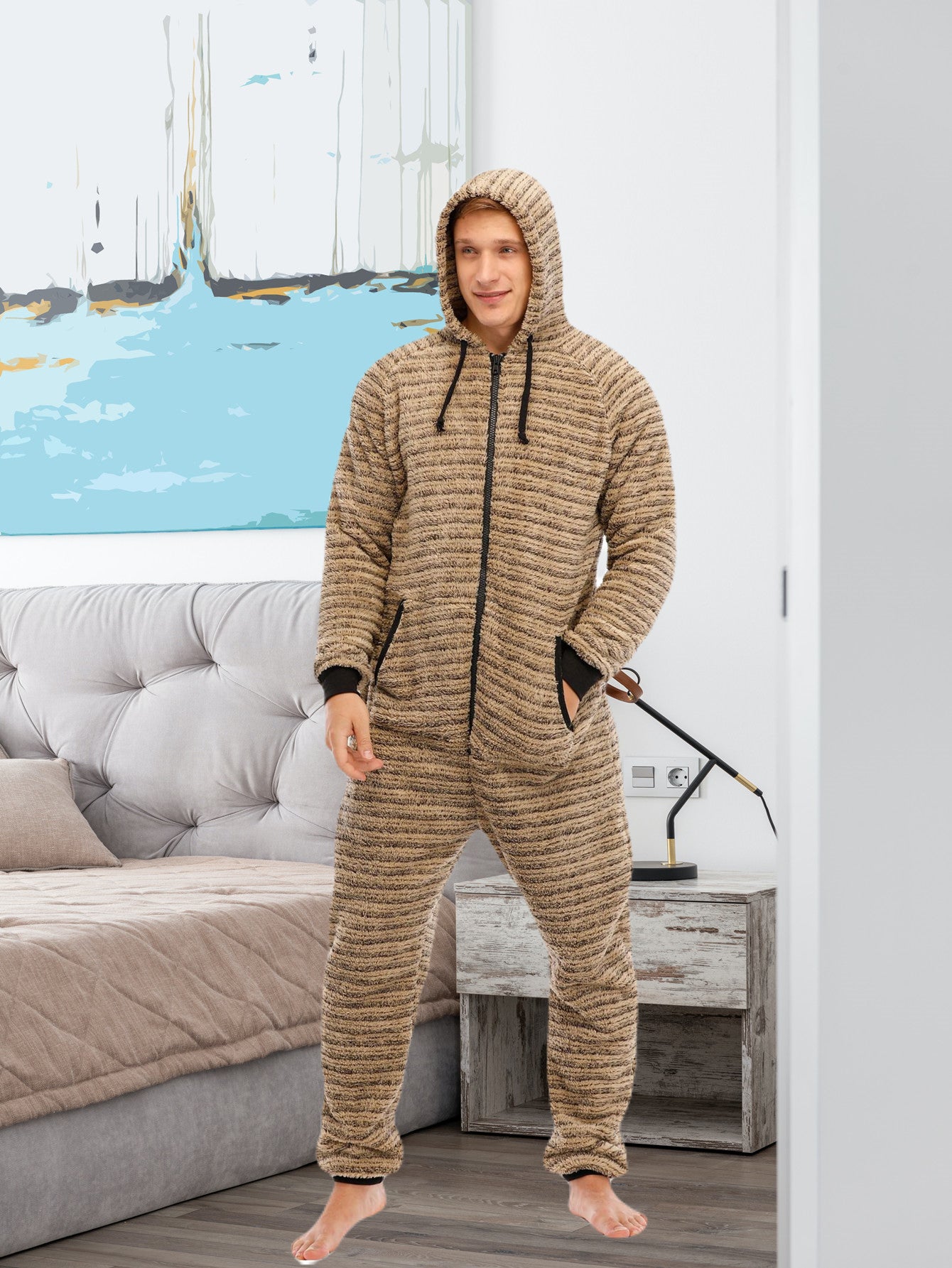 Stylish Camo Hooded Drawstring One Piece Pajamas for Men - Novelty & More Clothing - Soft, Cozy, and Comfortable Sleepwear with Adjustable Hood and Drawstring Waist - Fun and Quirky Design for Casual Lounging