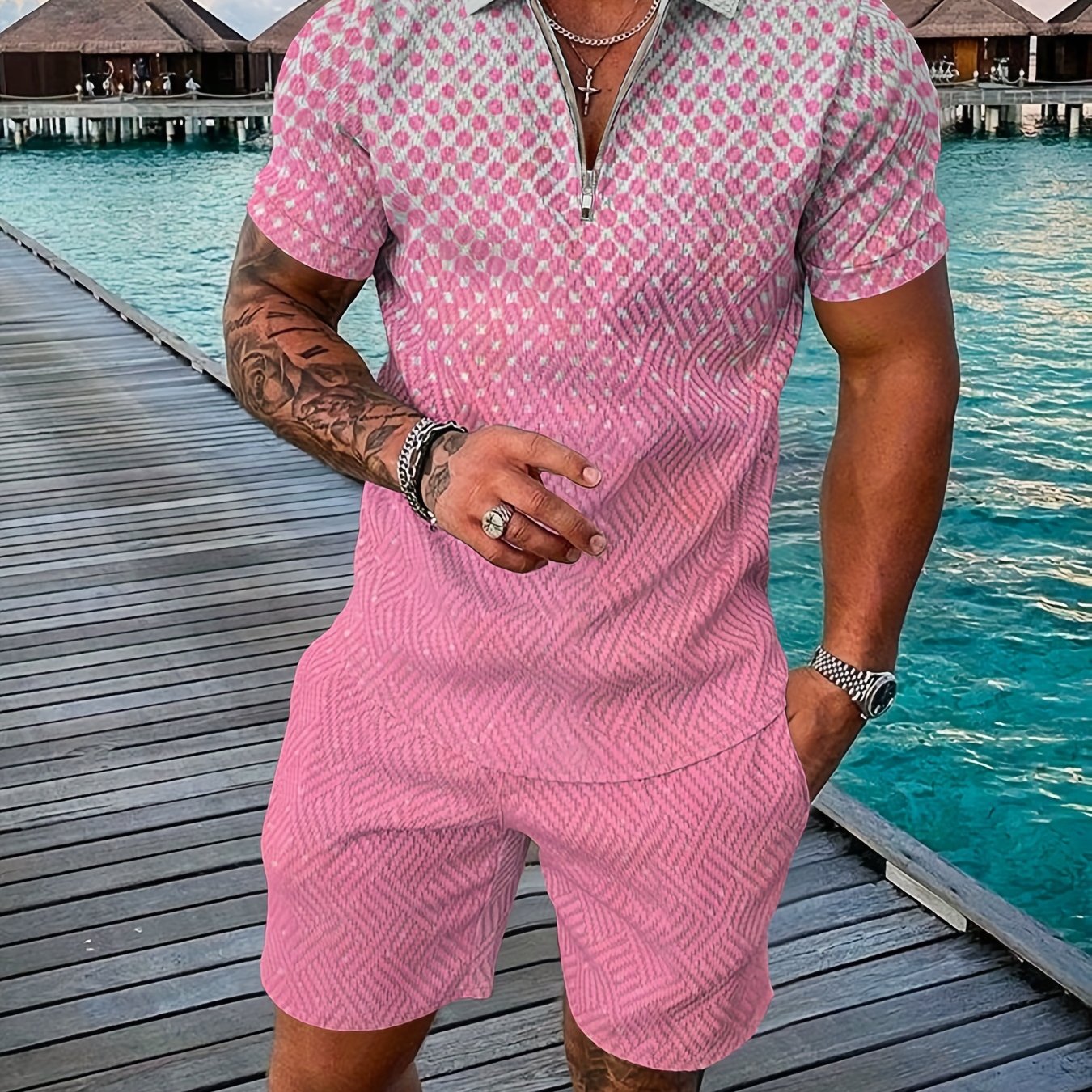 Plus Size Relaxed Fit Casual Shirt Shorts Set - Vibrant Polka Dot Print Design, Ultra-Comfortable and Stylish for Warm Weather, Perfect for Summer Activities and Everyday Wear, Designed for Plus Size Men