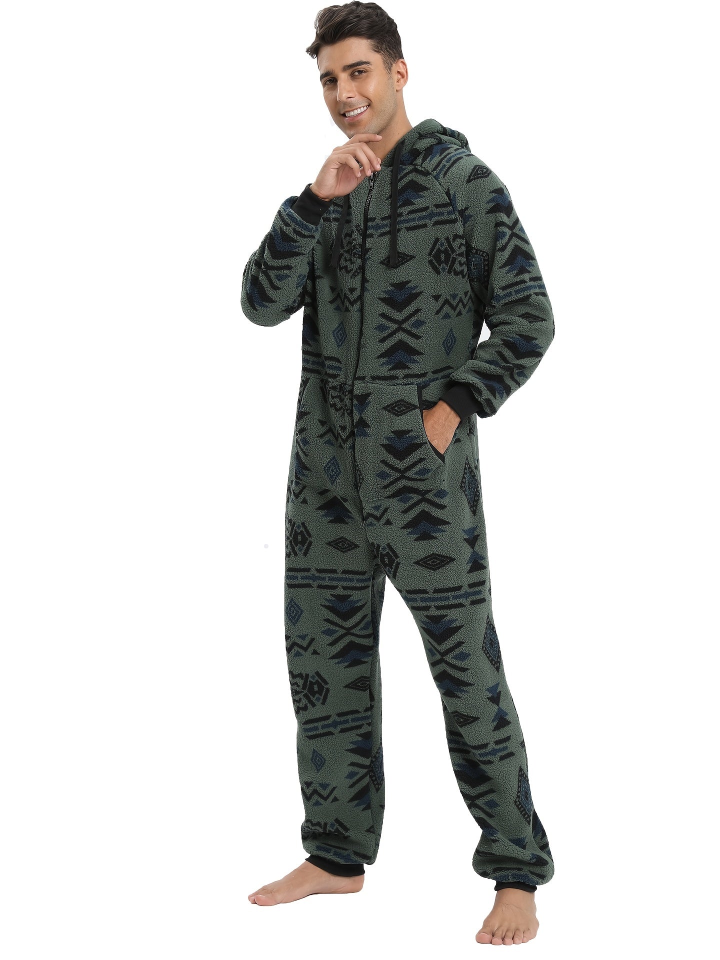Stylish Camo Hooded Drawstring One Piece Pajamas for Men - Novelty & More Clothing - Soft, Cozy, and Comfortable Sleepwear with Adjustable Hood and Drawstring Waist - Fun and Quirky Design for Casual Lounging