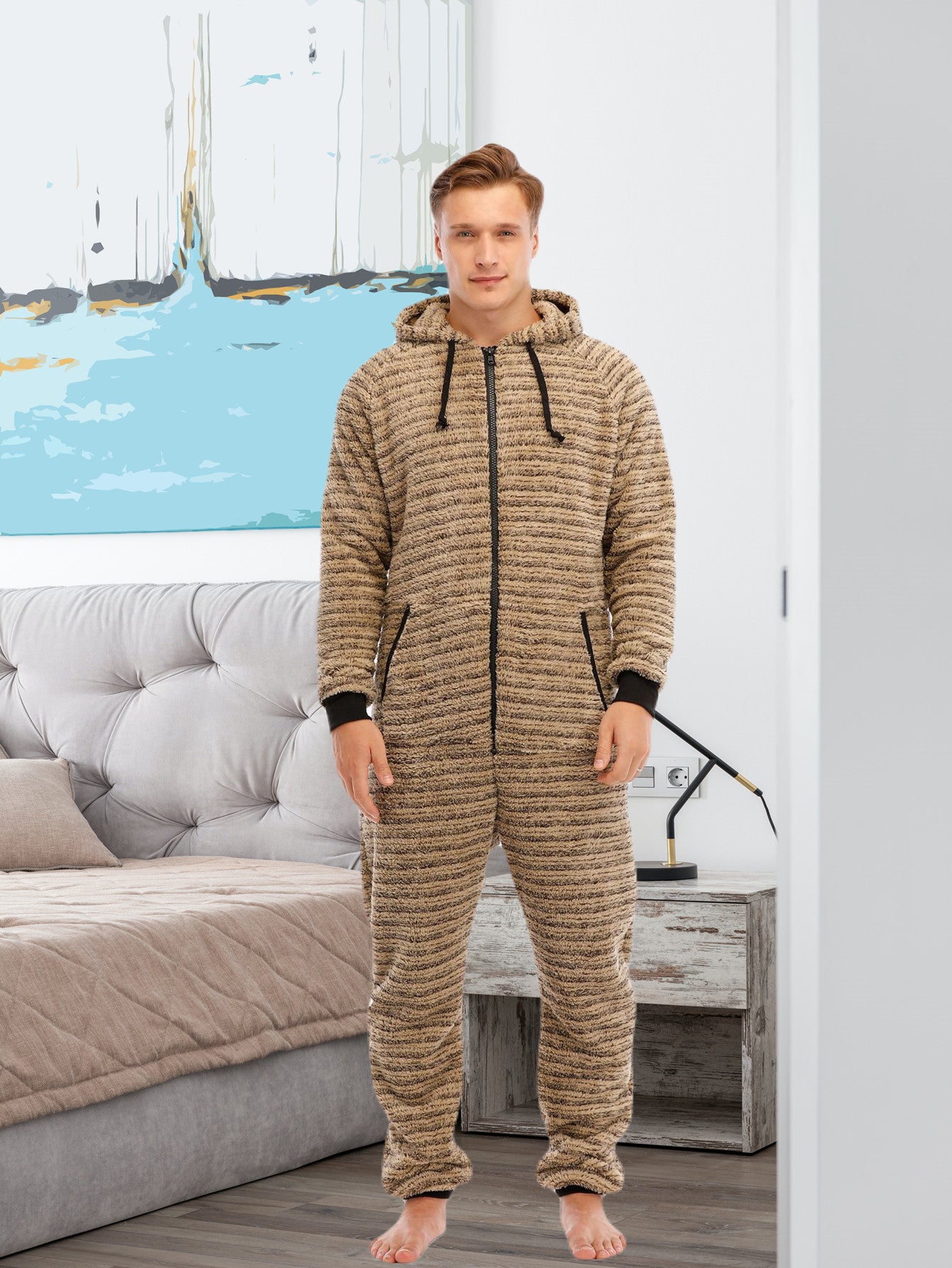 Stylish Camo Hooded Drawstring One Piece Pajamas for Men - Novelty & More Clothing - Soft, Cozy, and Comfortable Sleepwear with Adjustable Hood and Drawstring Waist - Fun and Quirky Design for Casual Lounging