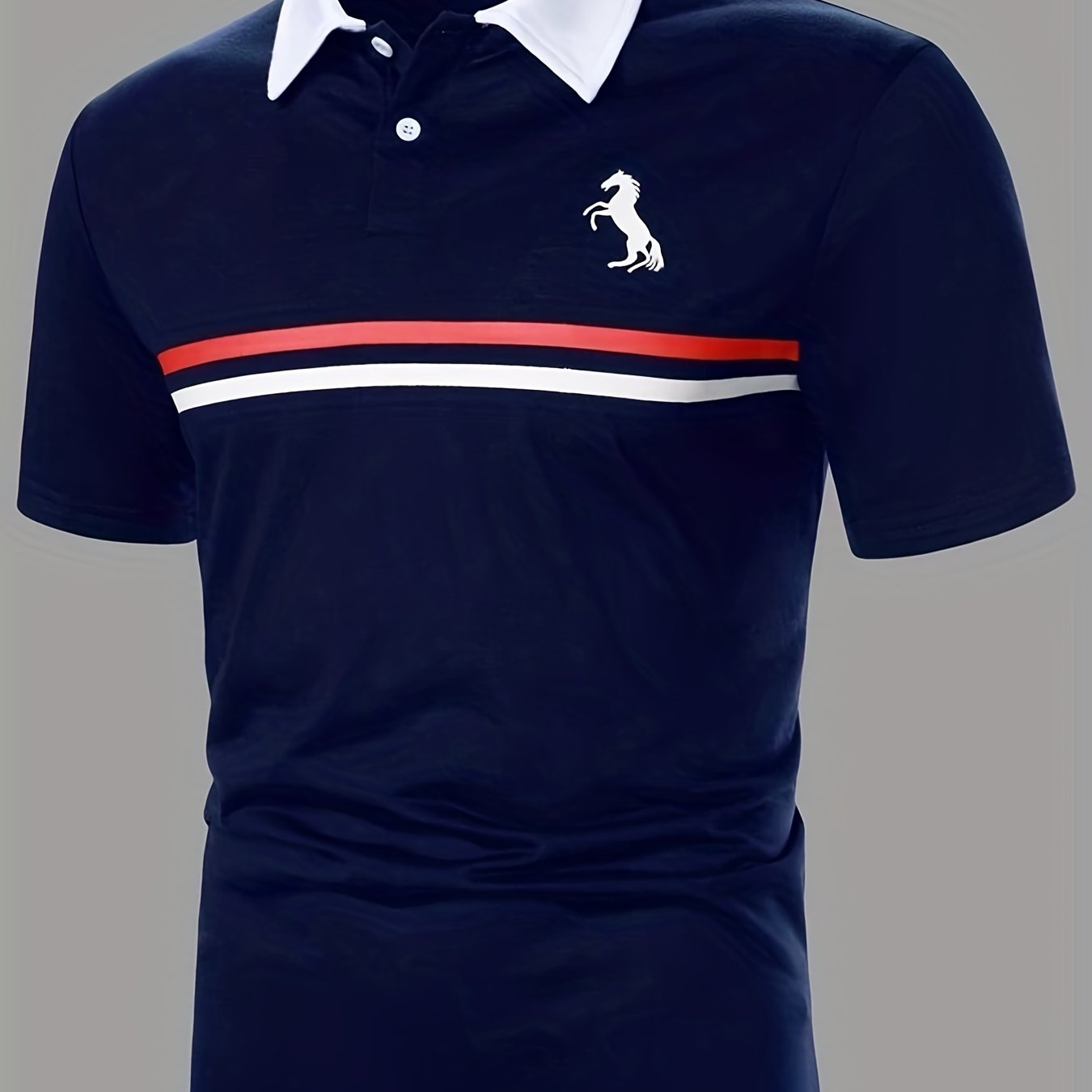 Stripe & Horse Print Men's Short Sleeve Polo Shirt, Comfy Casual Male Shirt For Golf Sports, Gift For Men
