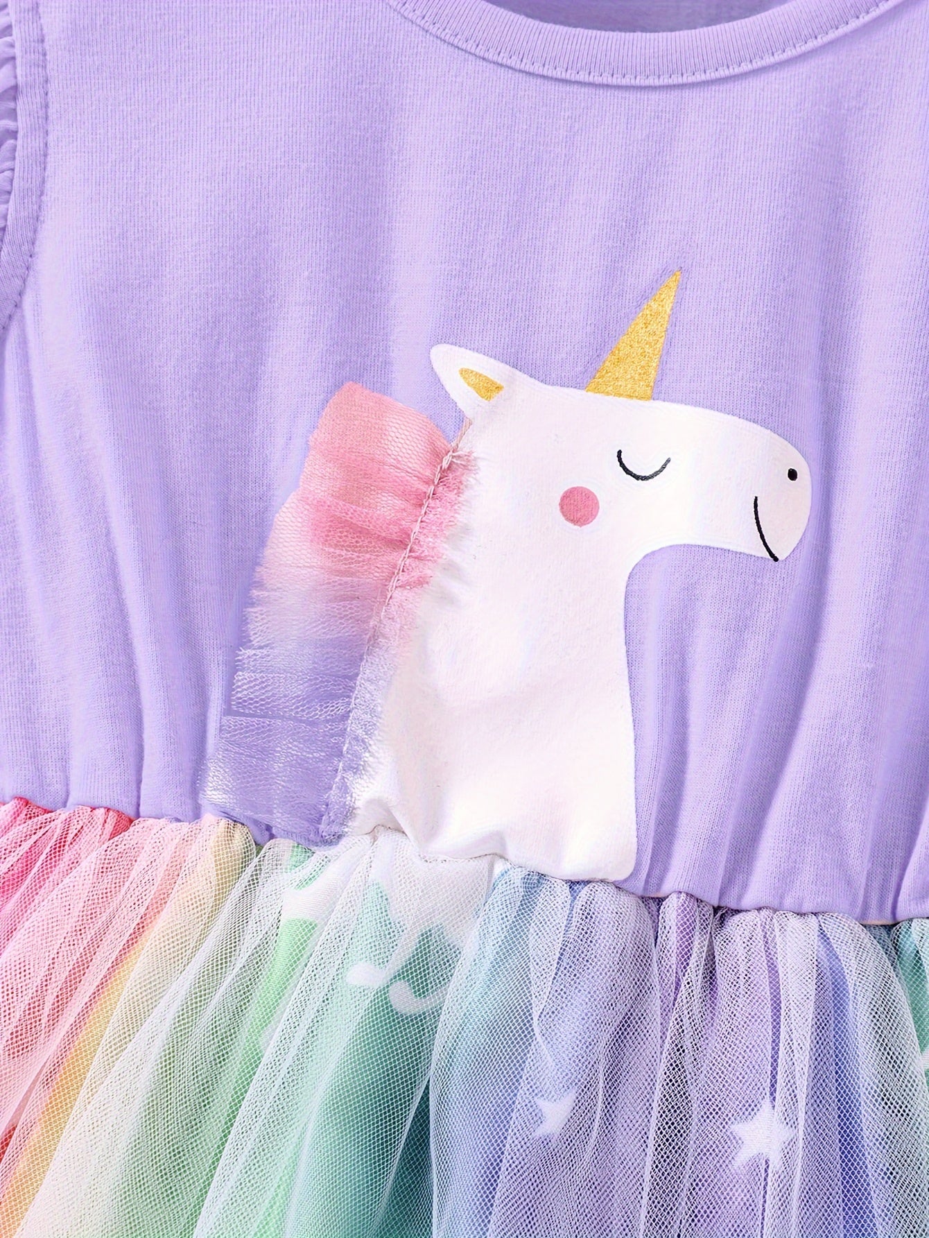 Unicorn Ruffled Sleeveless Dress for Girls, Summer Kids Clothing with Mesh Detail