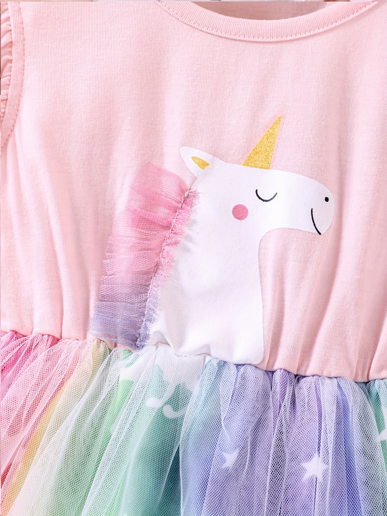 Unicorn Ruffled Sleeveless Dress for Girls, Summer Kids Clothing with Mesh Detail