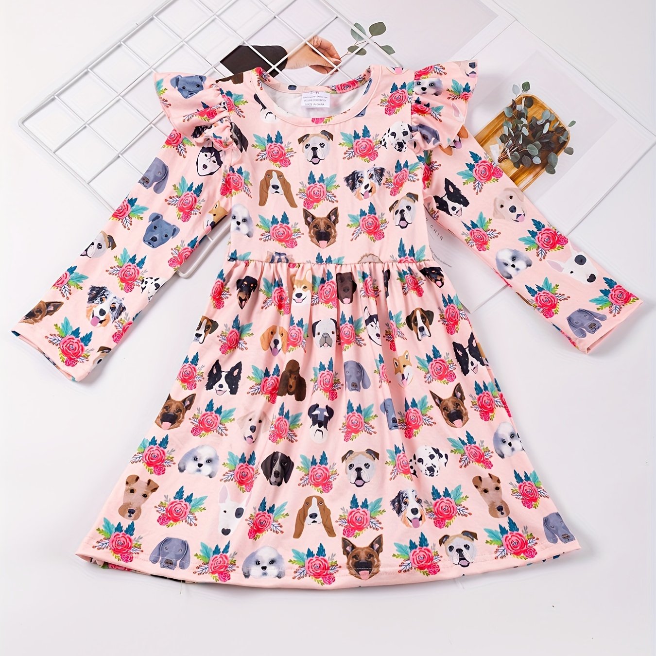 Cute Animal Print Ruffled Sleeve Round Neck Dress for Girls, Summer Kids Clothing