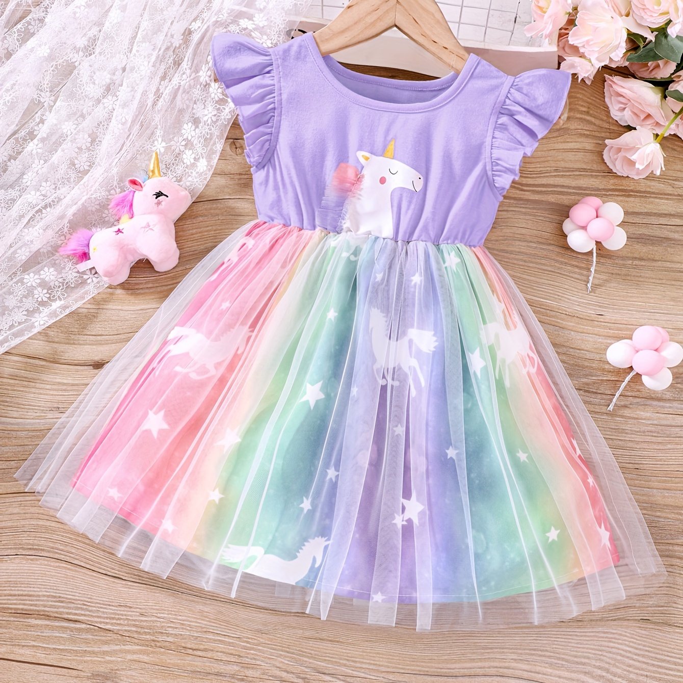 Unicorn Ruffled Sleeveless Dress for Girls, Summer Kids Clothing with Mesh Detail