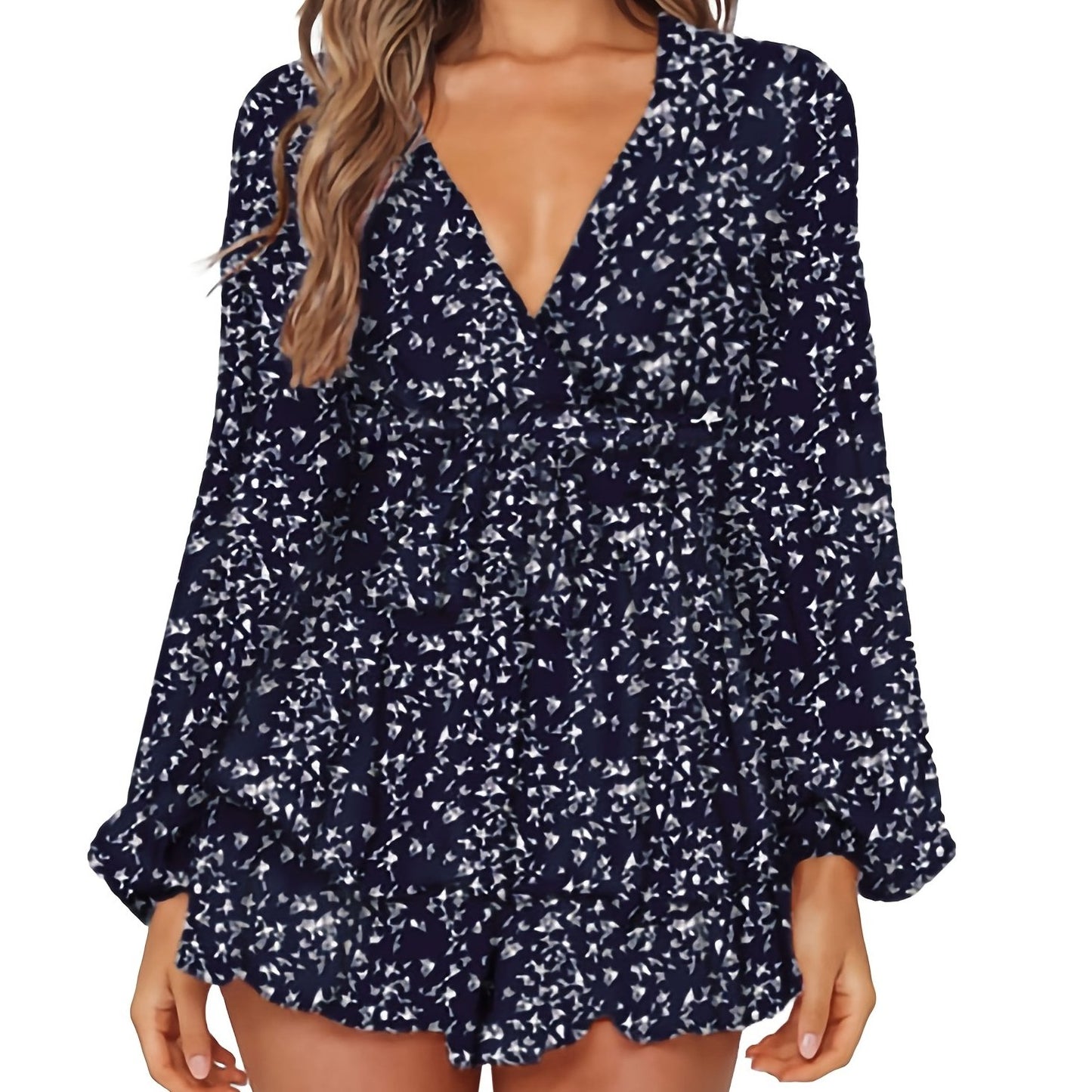 Chic Spring/Fall Polka-dot V-neck Jumpsuit with Ruffle Hem - Durable & Semi-Sheer Everyday Romper for Women