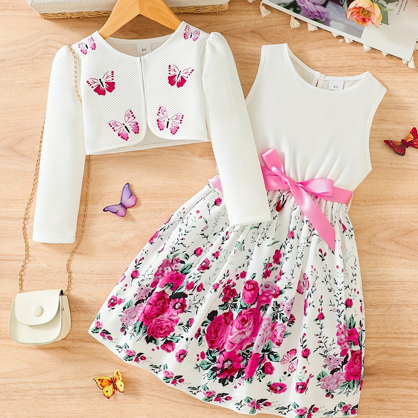 2pcs Little Girl Butterfly Dresses Outfit: Floral Tank Dress And Graphic Cardigan Top Set, For Cute And Casual Look, Kids Clothing Gift