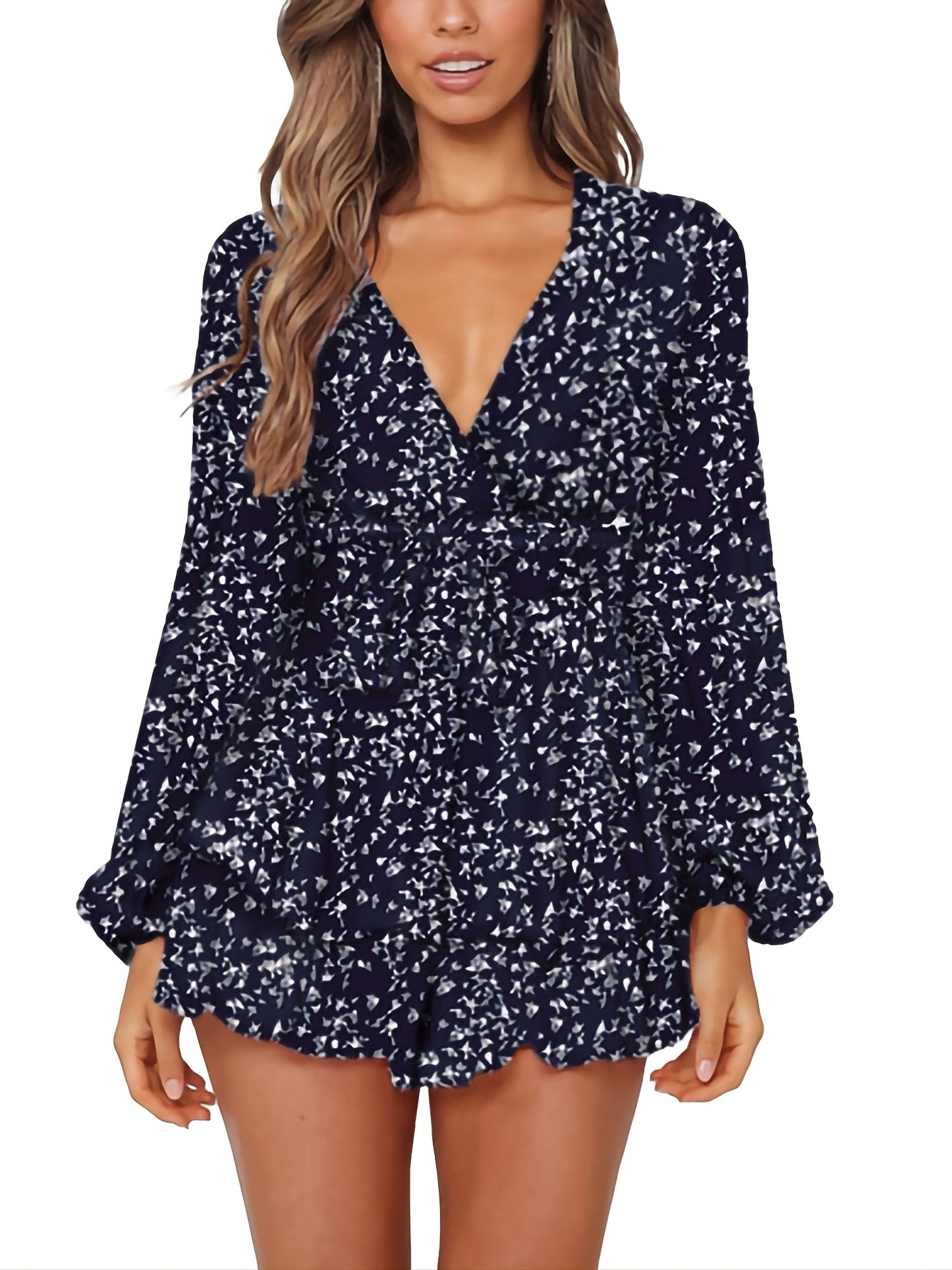 Chic Spring/Fall Polka-dot V-neck Jumpsuit with Ruffle Hem - Durable & Semi-Sheer Everyday Romper for Women