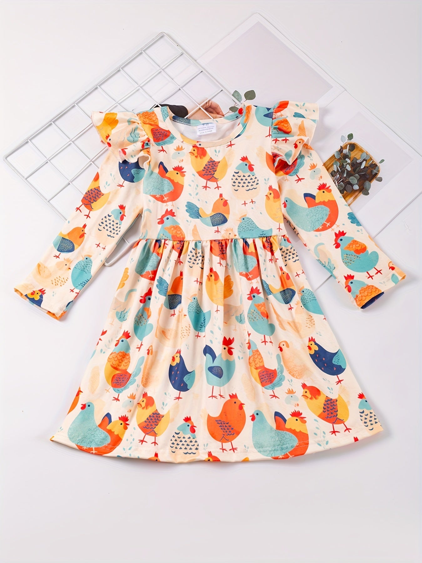 Cute Animal Print Ruffled Sleeve Round Neck Dress for Girls, Summer Kids Clothing