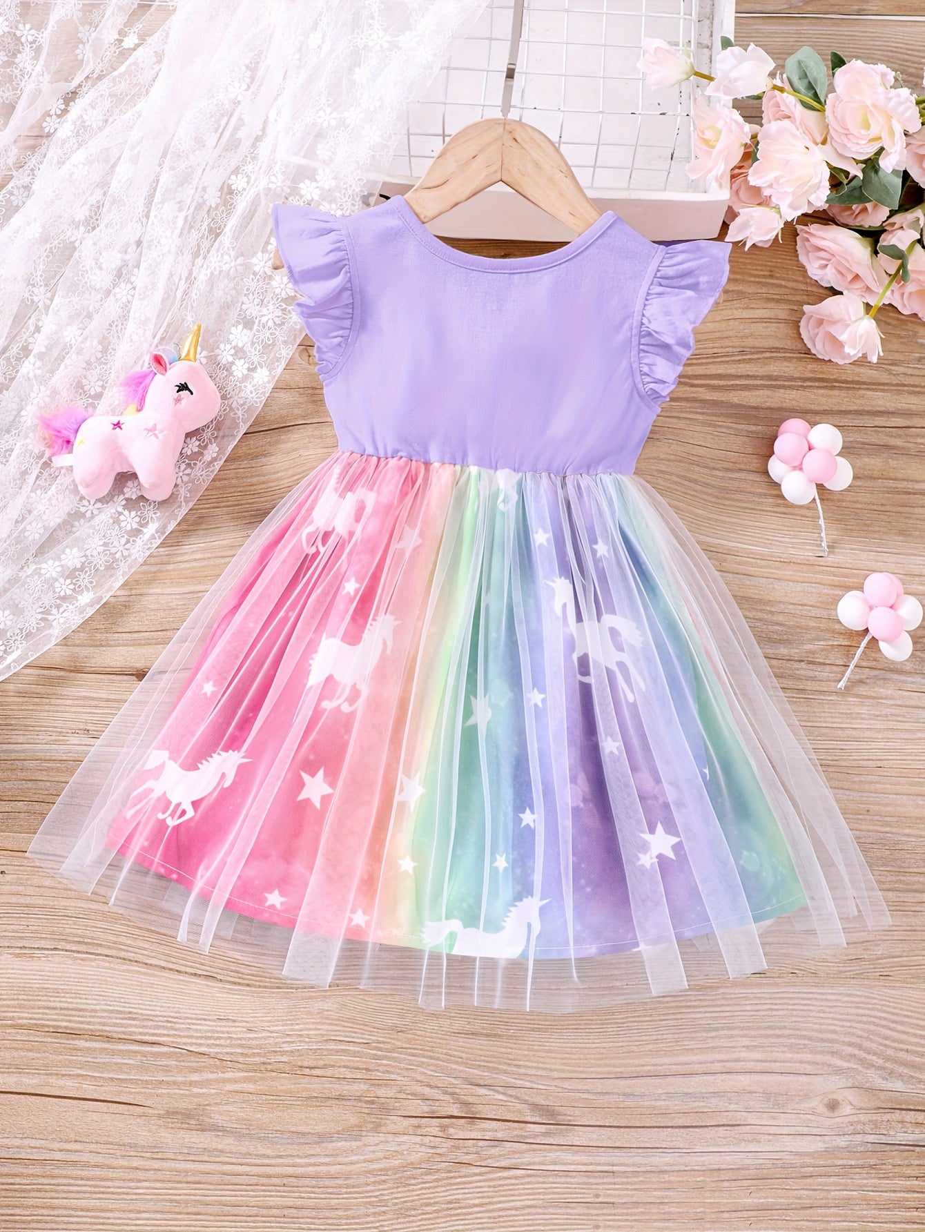 Unicorn Ruffled Sleeveless Dress for Girls, Summer Kids Clothing with Mesh Detail