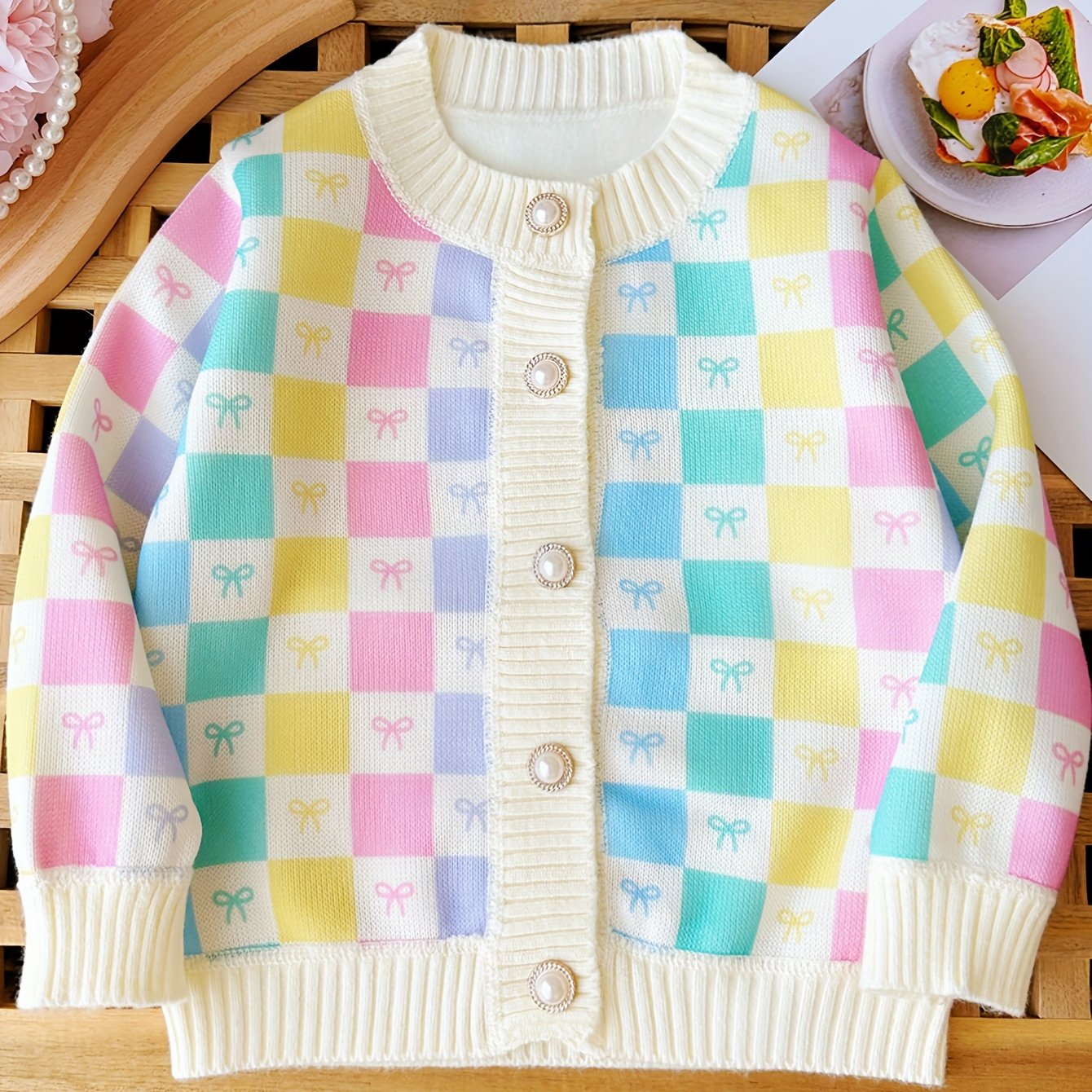 Cozy Girls' Knit Sweater Coat - Vibrant Colorful Plaid, Elegant Pearl Buttons, Warm, Soft, and Comfortable - Perfect for Fall and Winter, Kids Clothing