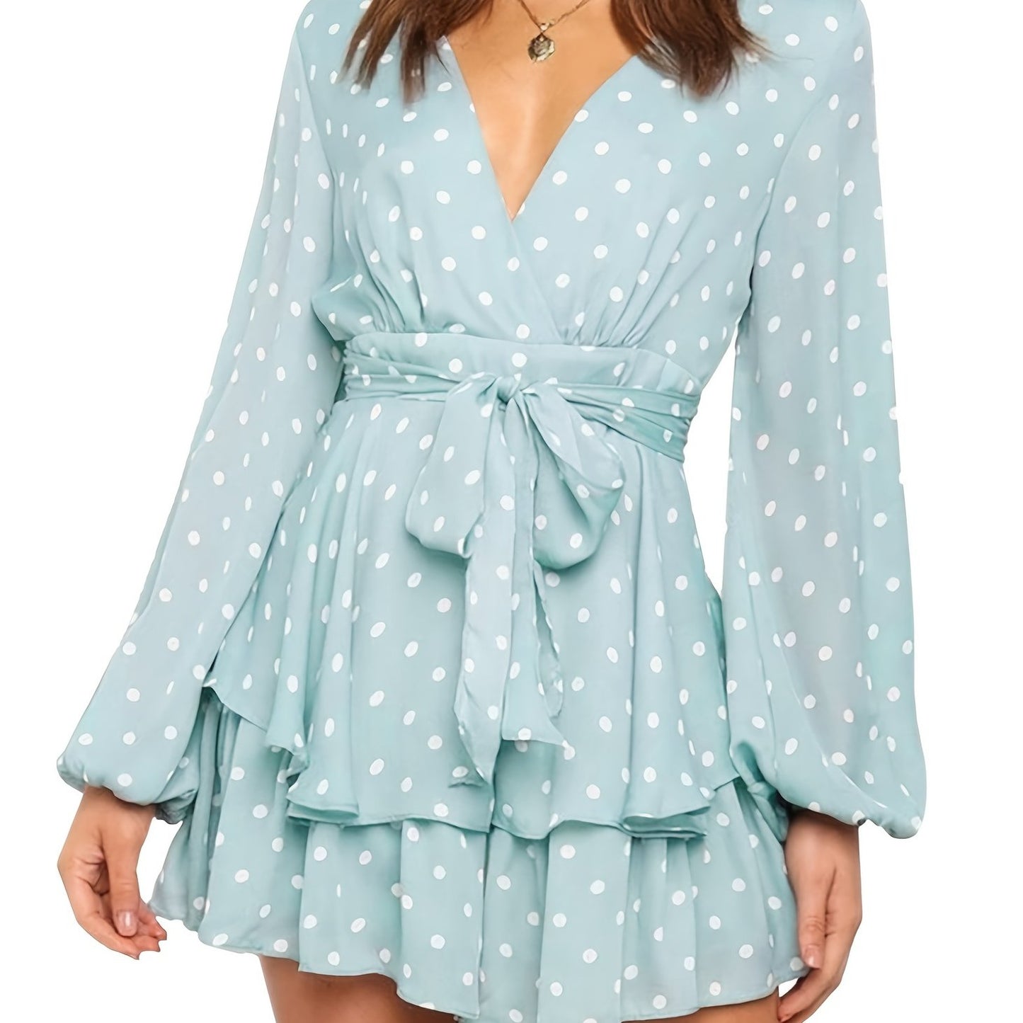 Chic Spring/Fall Polka-dot V-neck Jumpsuit with Ruffle Hem - Durable & Semi-Sheer Everyday Romper for Women