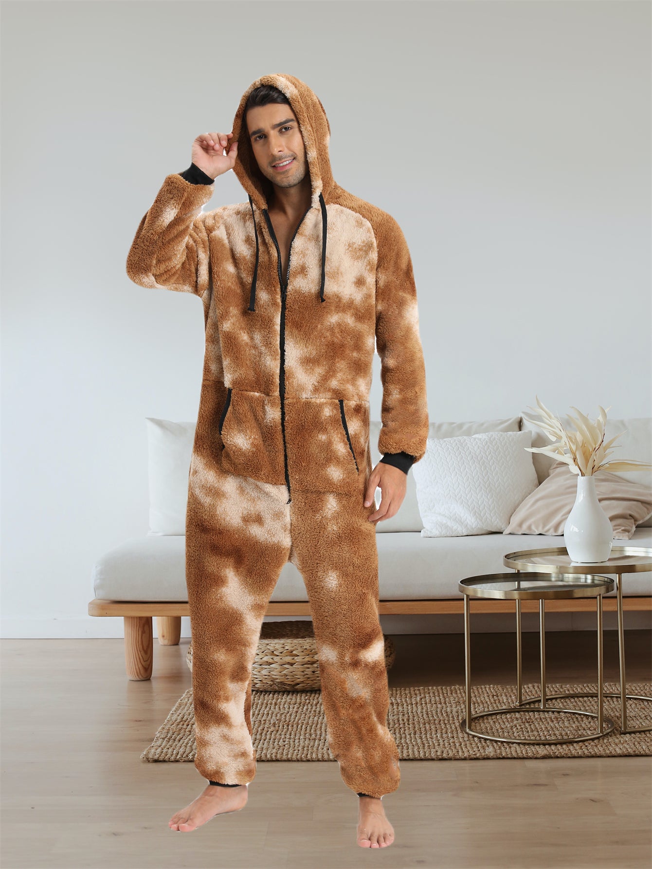 Stylish Camo Hooded Drawstring One Piece Pajamas for Men - Novelty & More Clothing - Soft, Cozy, and Comfortable Sleepwear with Adjustable Hood and Drawstring Waist - Fun and Quirky Design for Casual Lounging