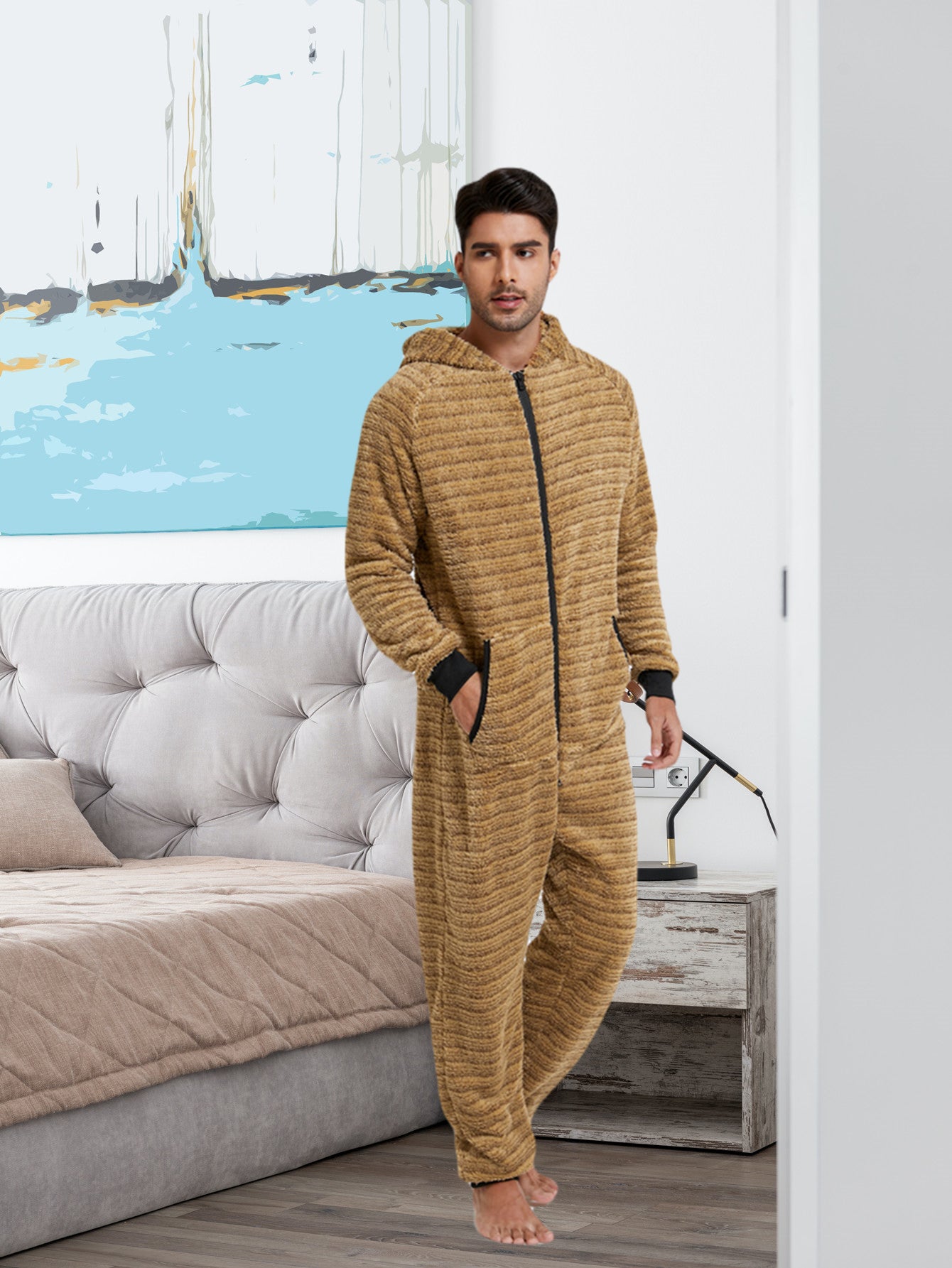 Stylish Camo Hooded Drawstring One Piece Pajamas for Men - Novelty & More Clothing - Soft, Cozy, and Comfortable Sleepwear with Adjustable Hood and Drawstring Waist - Fun and Quirky Design for Casual Lounging