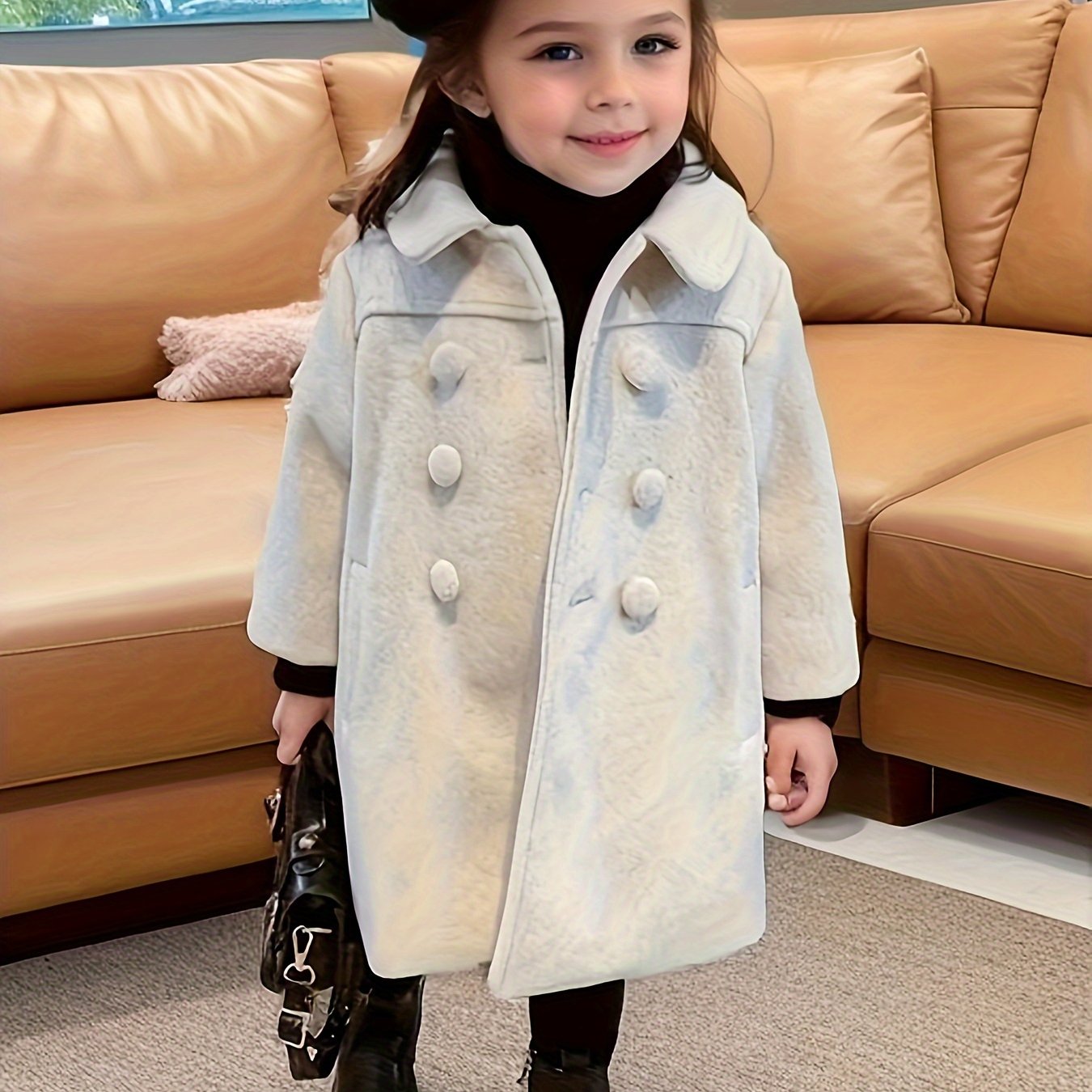 Toddler Girls' Fancy Double Breasted Long Sleeve Winter Coat, Elegant Peacoat Kids Clothing