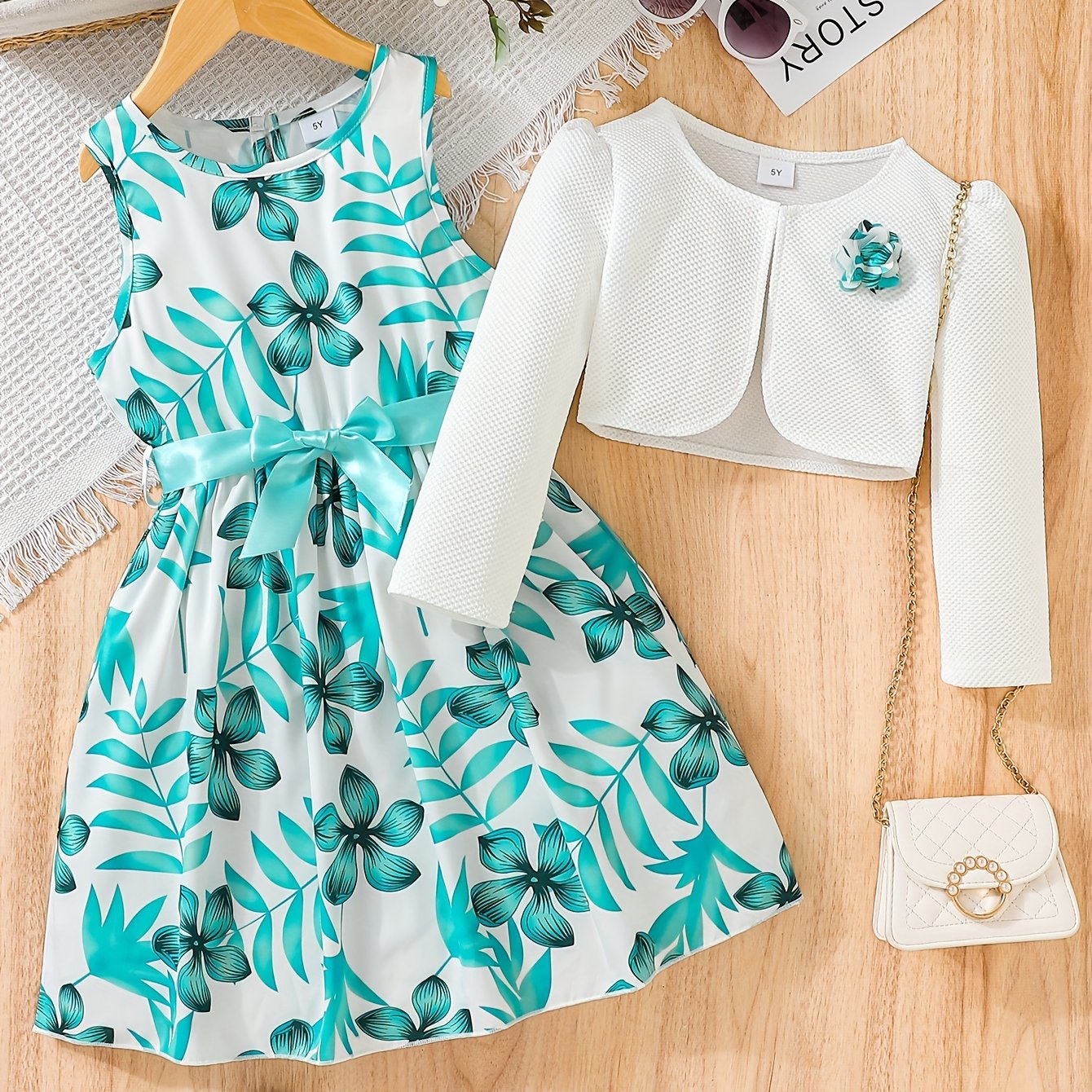 2pcs Little Girl Butterfly Dresses Outfit: Floral Tank Dress And Graphic Cardigan Top Set, For Cute And Casual Look, Kids Clothing Gift