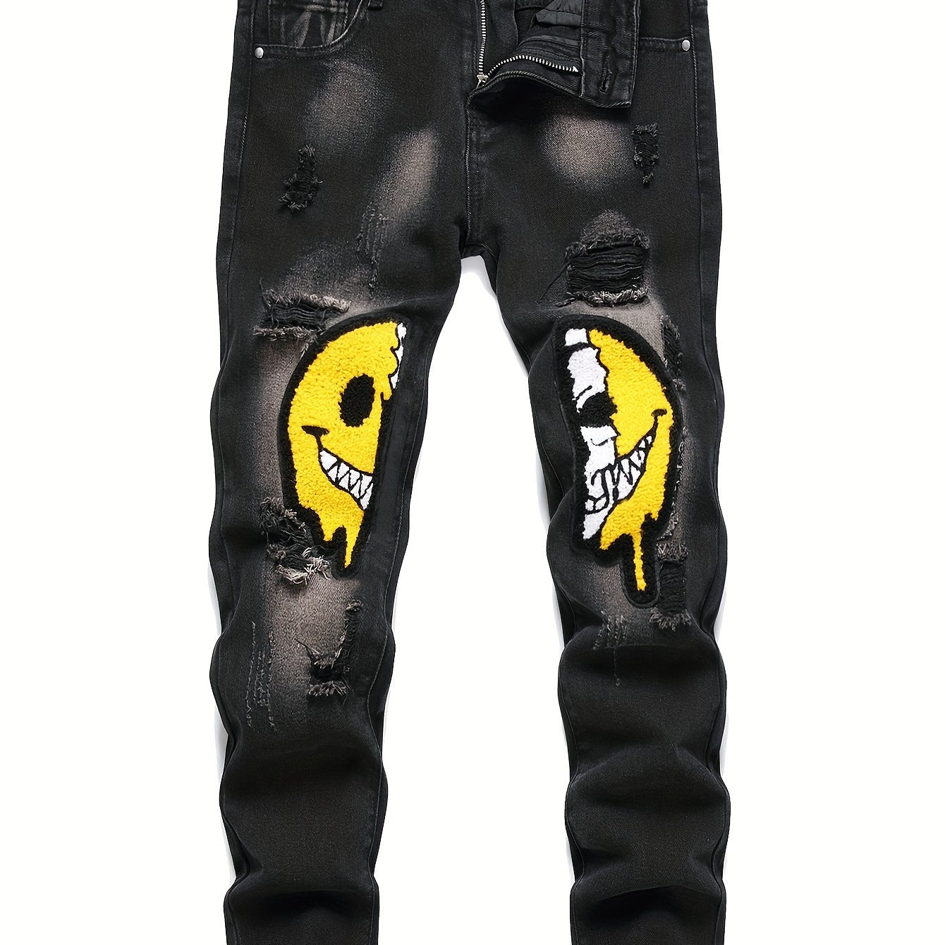 Trendy Boys' Ripped Skull Patched Slim Fit Jeans - Stylish Washed Denim Long Pants with Smile Face Design, Outdoor Kids' Clothing for Active Play