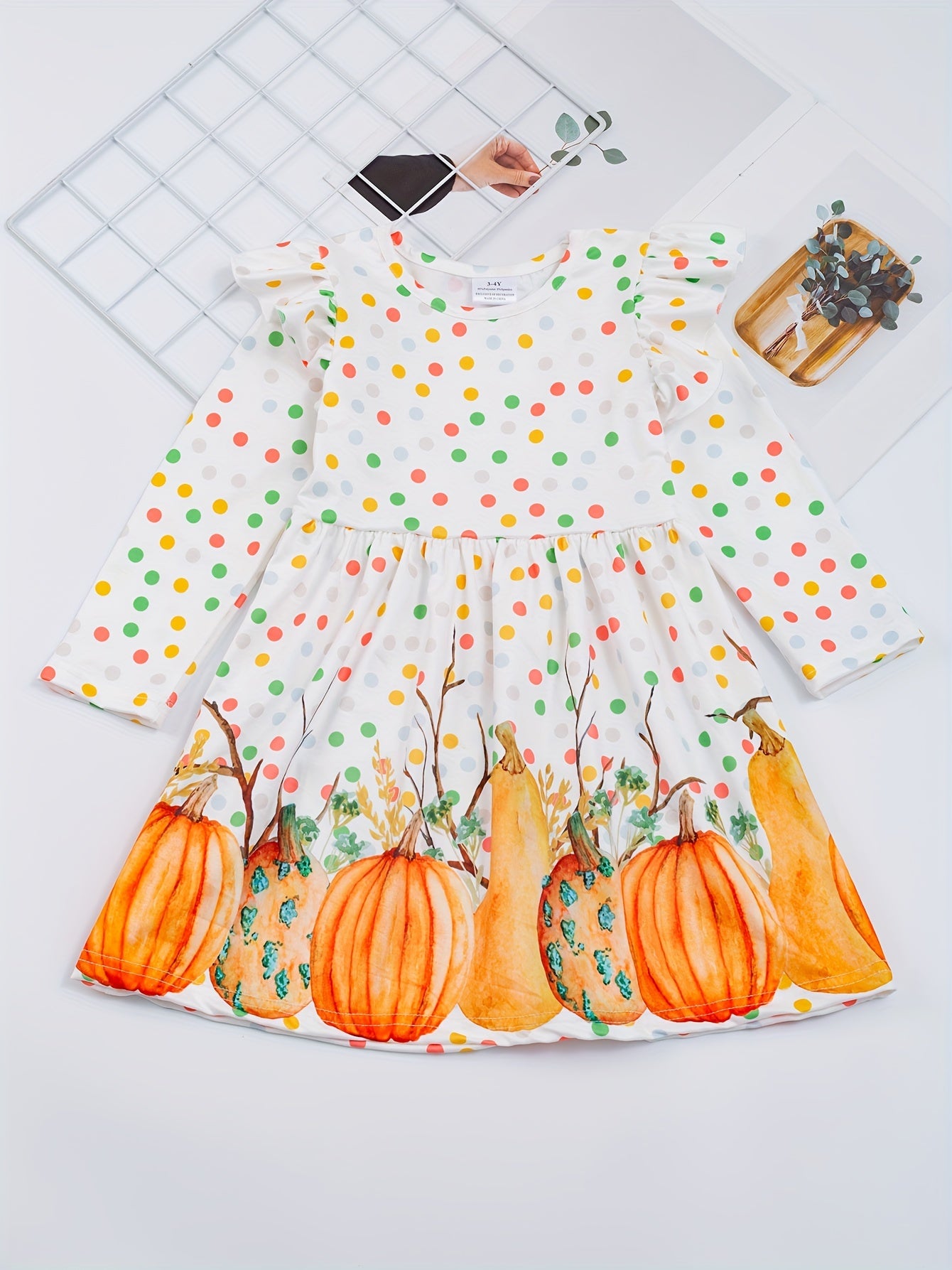 Cute Turkey Print Flutter Trim Dress for Girls, Spring/Fall Party Kids Clothing