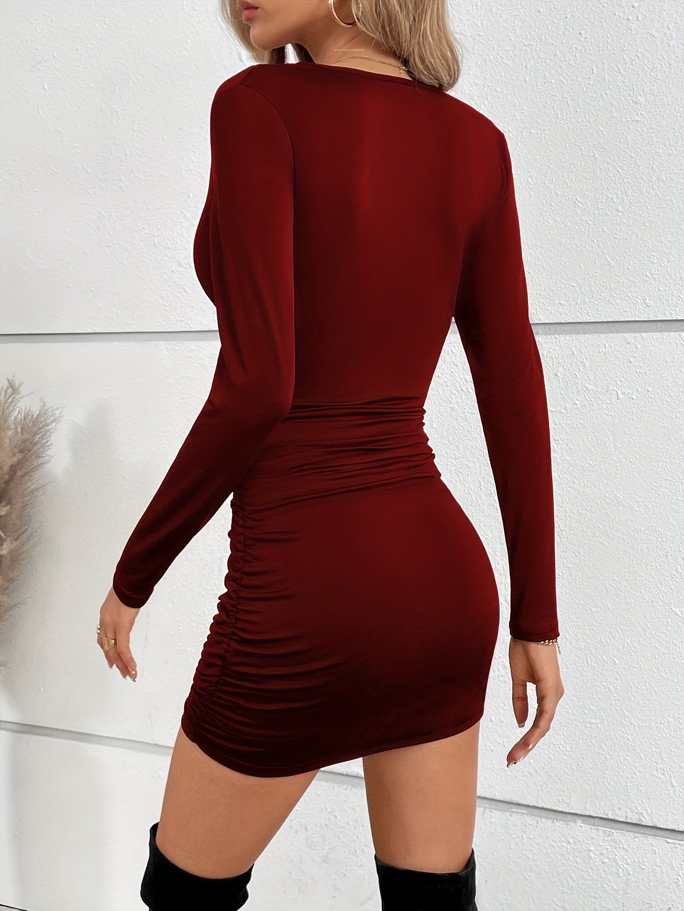 Flattering Ruched Ruffle Dress for Women - Sexy Solid Stretch V Neck - Long Sleeve, Figure-Sculpting Fit - Premium Ladies Casual/Evening Wear