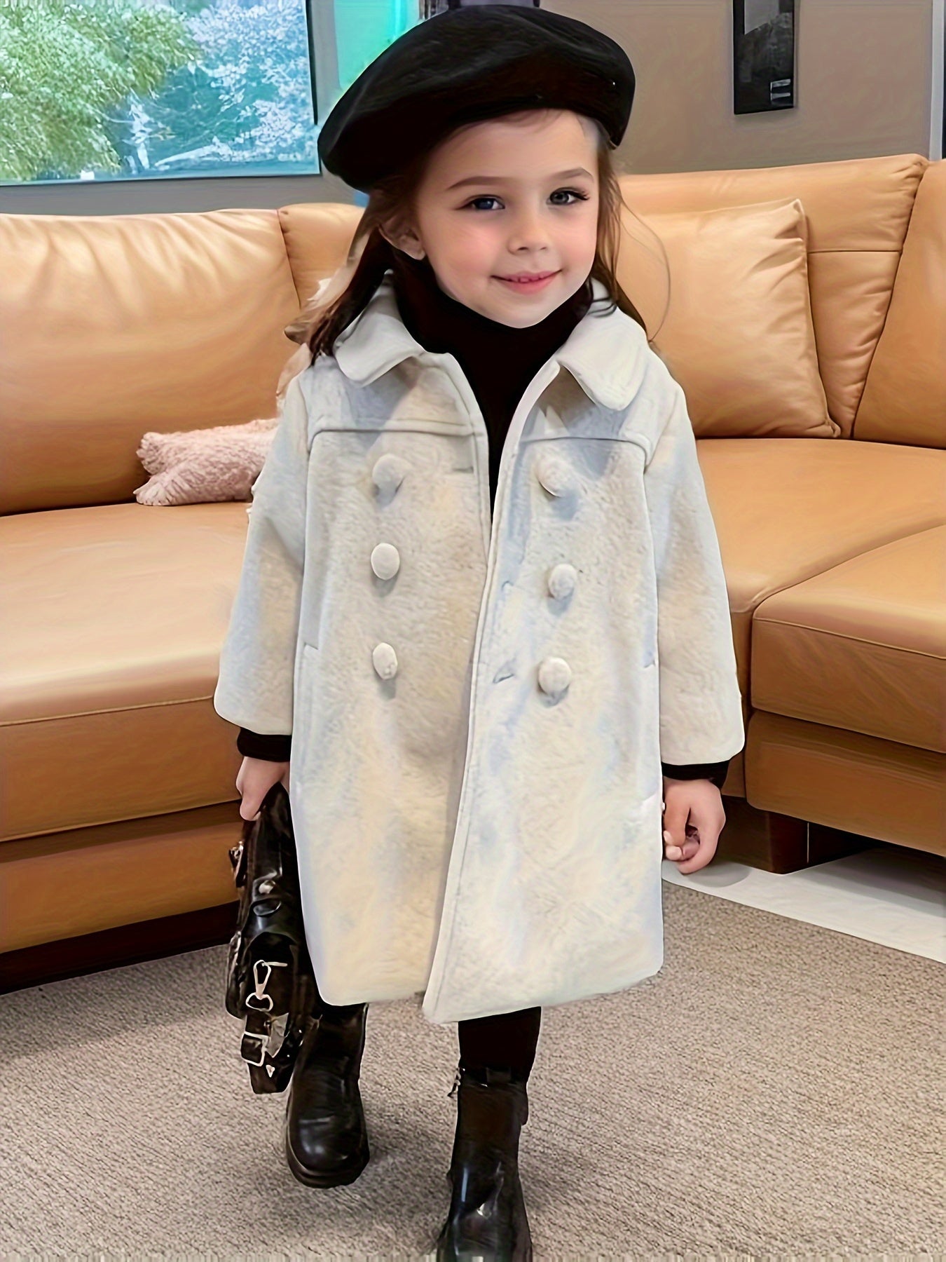 Toddler Girls' Fancy Double Breasted Long Sleeve Winter Coat, Elegant Peacoat Kids Clothing