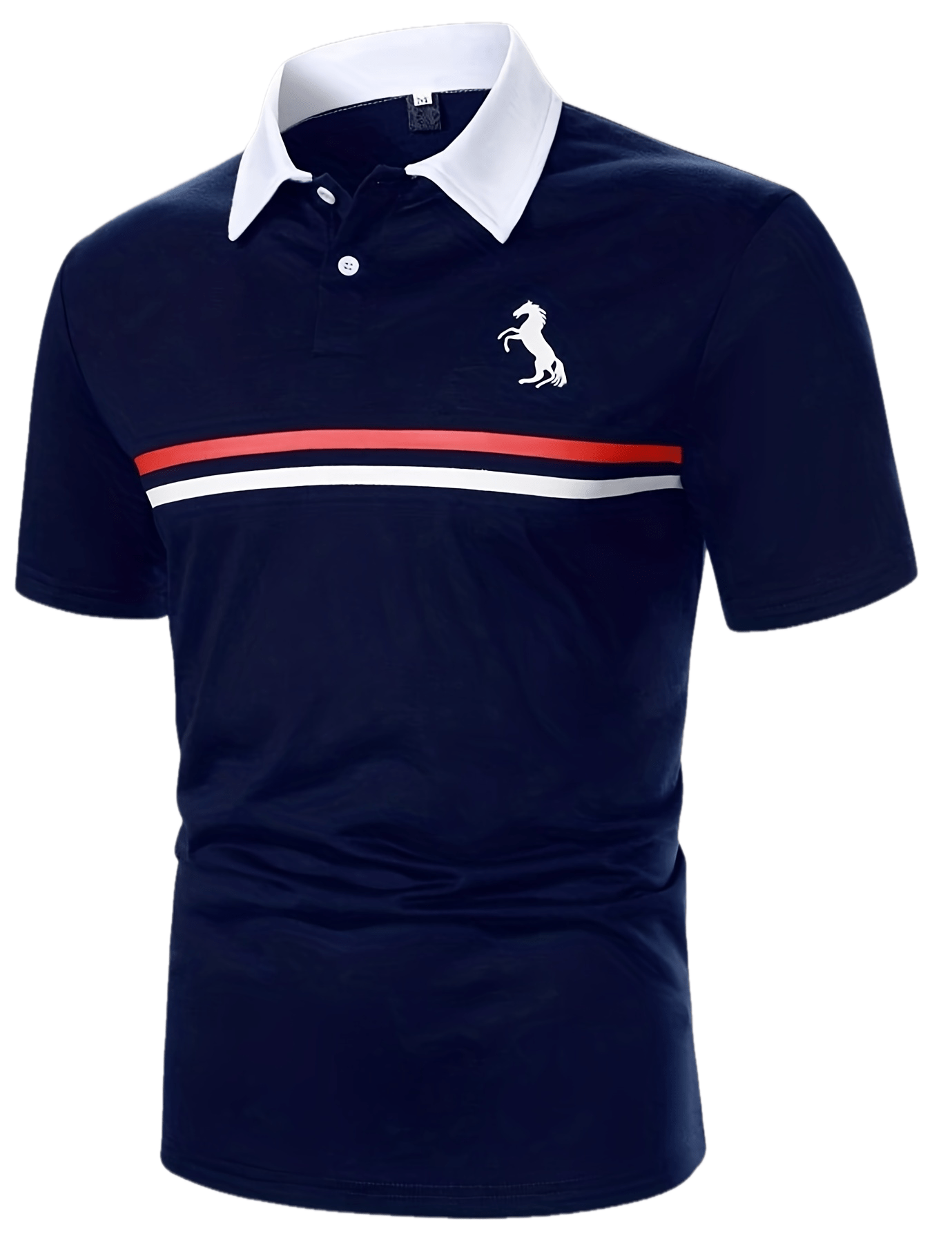 Stripe & Horse Print Men's Short Sleeve Polo Shirt, Comfy Casual Male Shirt For Golf Sports, Gift For Men