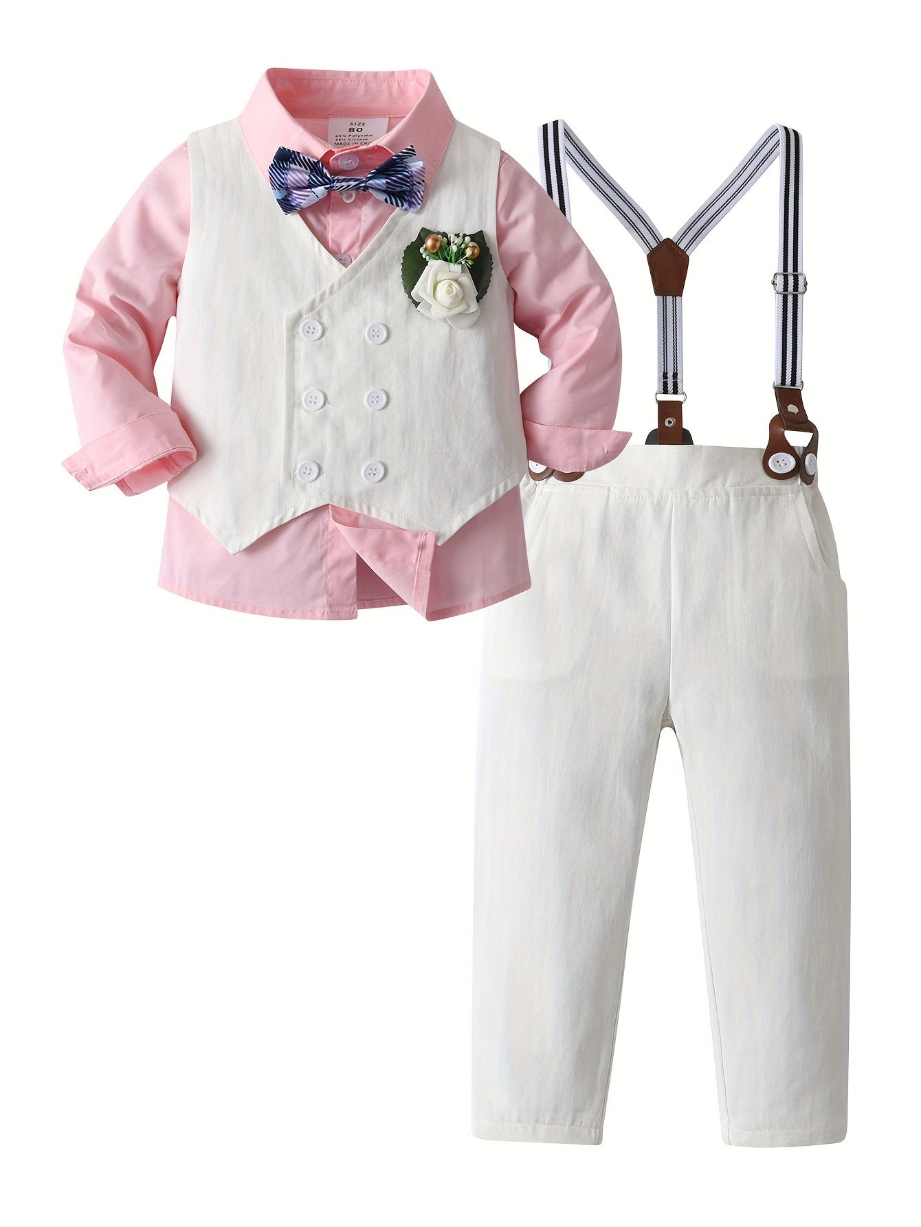 3ocs Boys Formal Gentleman Outfits, Long Sleeve Leaves Print Bowtie Shirt & Suspender Pants & Vest, Kids Clothing Set For Competition Performance Wedding Banquet Dress Outdoor Set