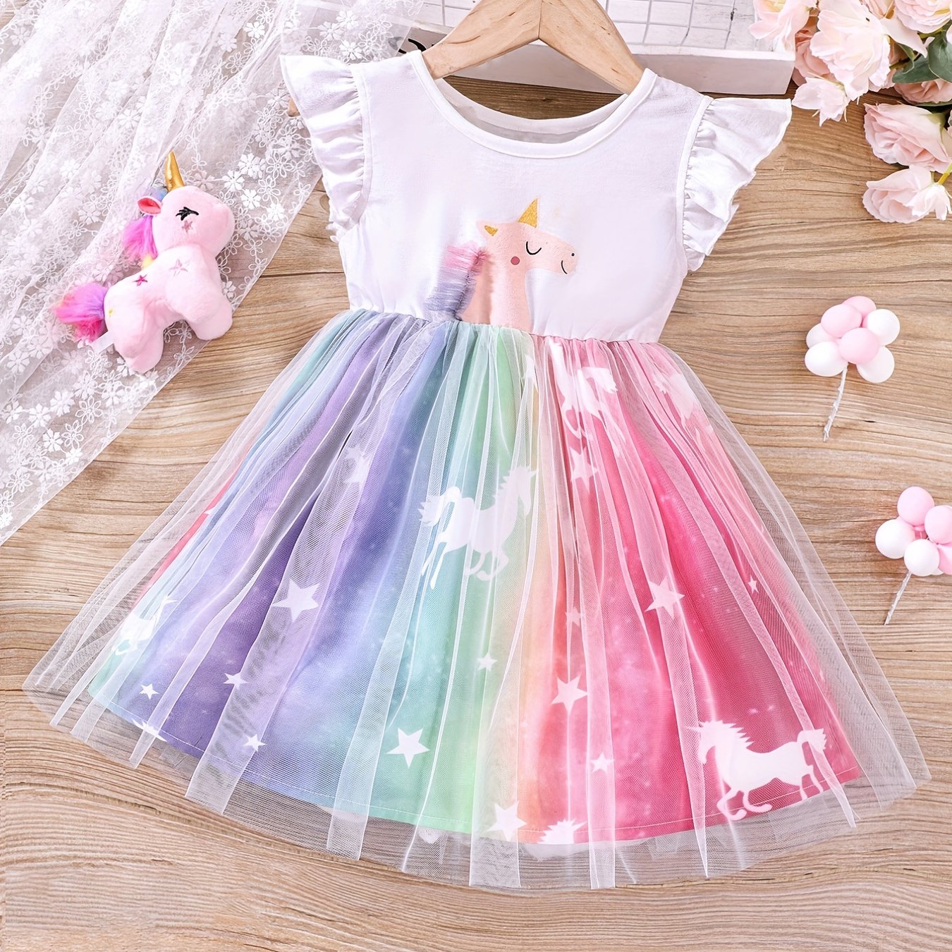 Unicorn Ruffled Sleeveless Dress for Girls, Summer Kids Clothing with Mesh Detail